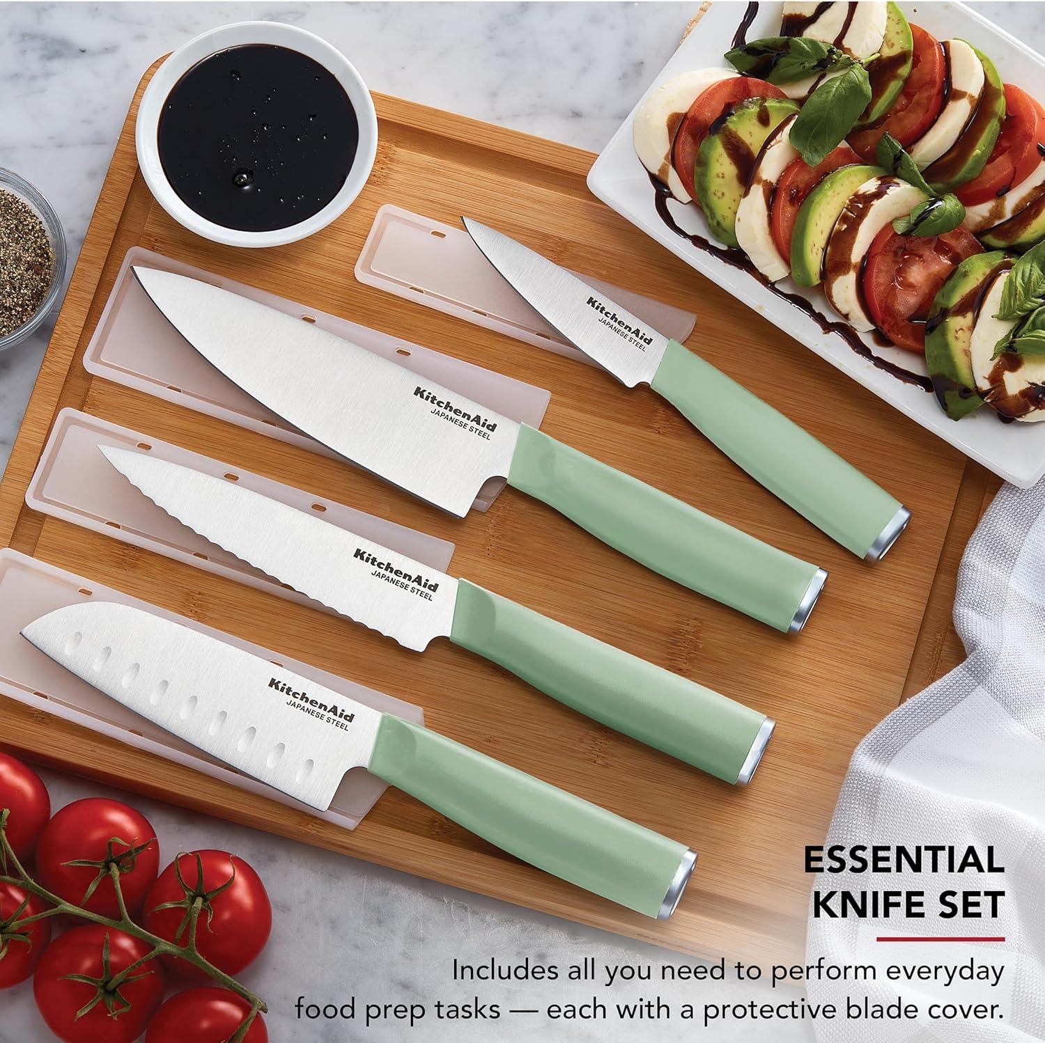 imageKitchenAid Chef Set with CustomFit Covers Sharp Kitchen Knife HighCarbon Japanese Stainless Steel Blade 4 Piece MulticolorPistachio