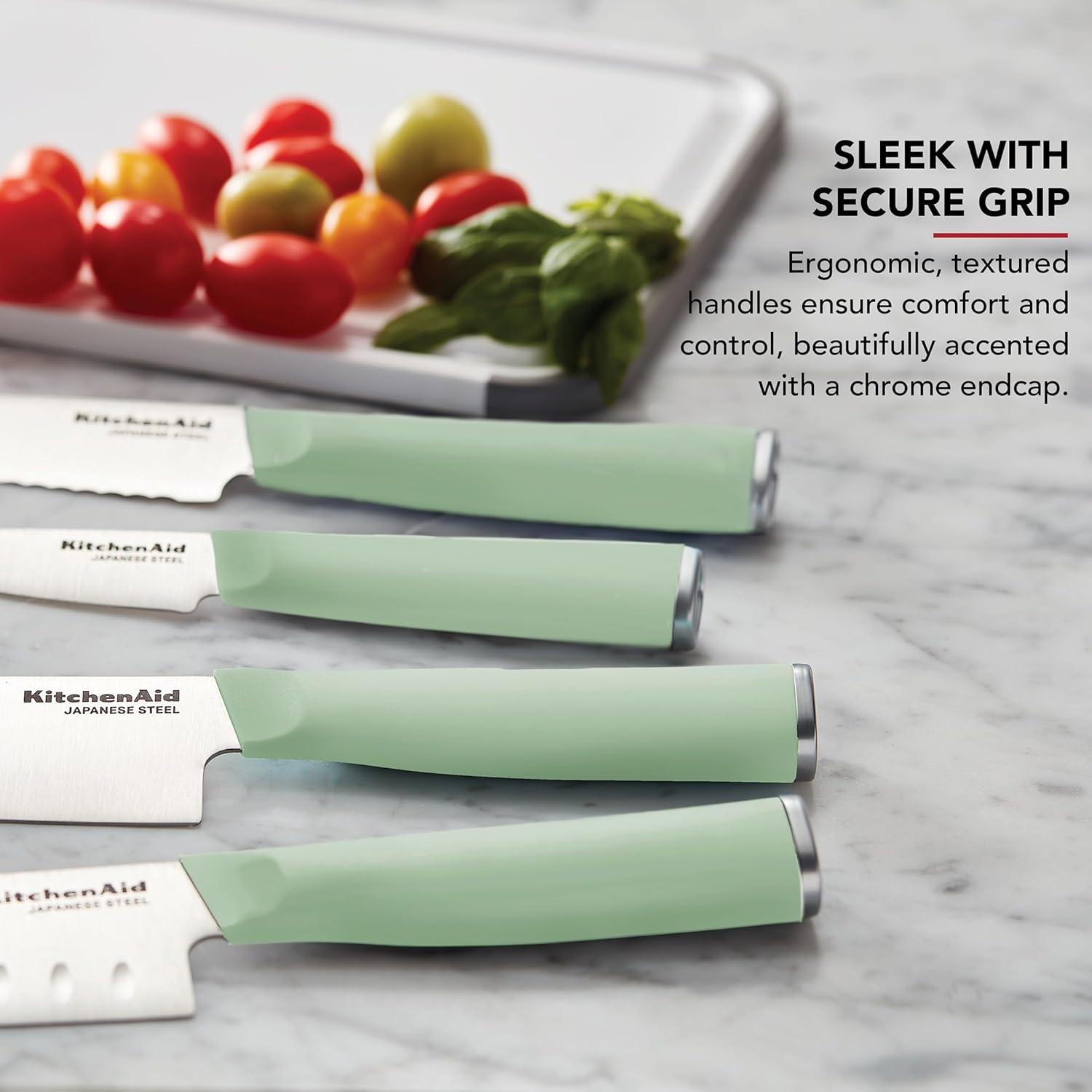 imageKitchenAid Chef Set with CustomFit Covers Sharp Kitchen Knife HighCarbon Japanese Stainless Steel Blade 4 Piece MulticolorPistachio