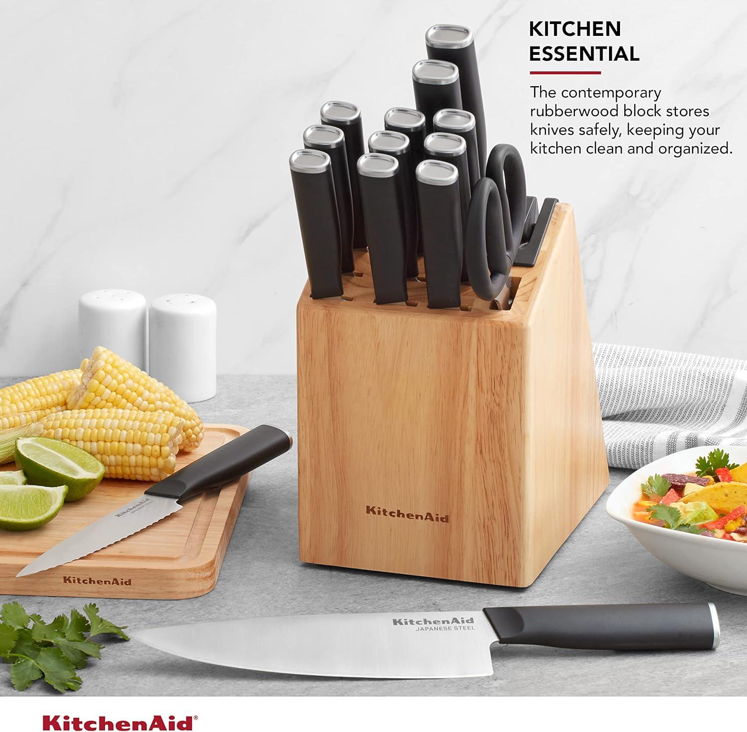 imageKitchenAid Classic Chef Knife with CustomFit Blade Cover 8inch Sharp Kitchen Knife HighCarbon Japanese Stainless Steel Blade Blade Black15Piece