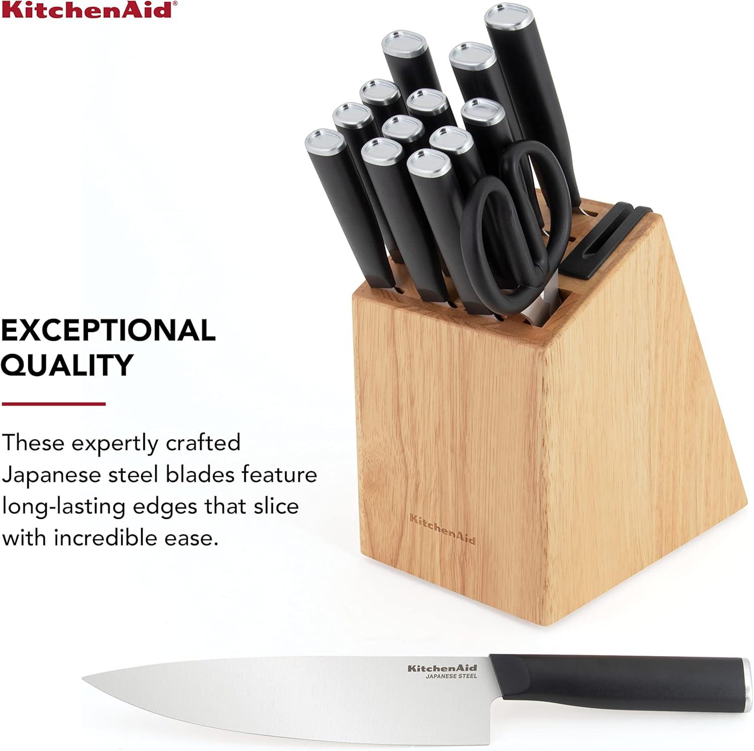 imageKitchenAid Classic Chef Knife with CustomFit Blade Cover 8inch Sharp Kitchen Knife HighCarbon Japanese Stainless Steel Blade Blade Black15Piece