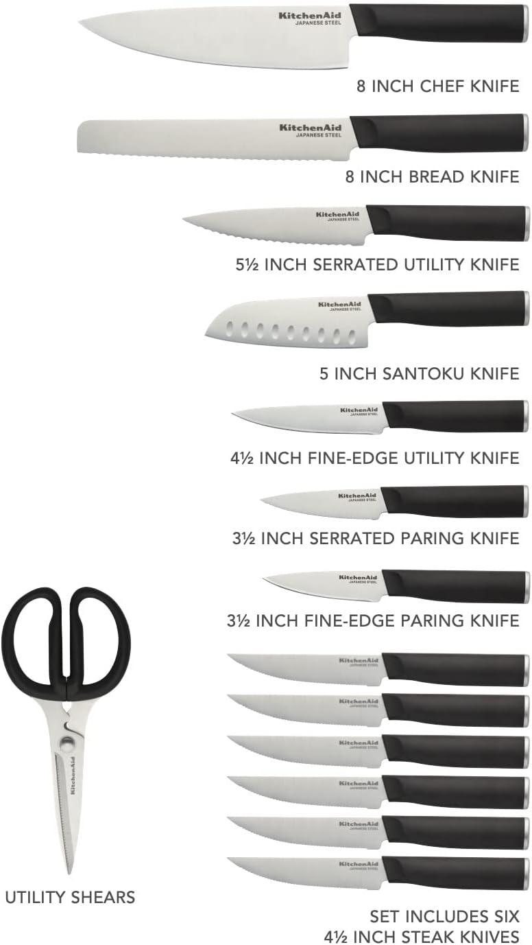 imageKitchenAid Classic Chef Knife with CustomFit Blade Cover 8inch Sharp Kitchen Knife HighCarbon Japanese Stainless Steel Blade Blade Black15Piece