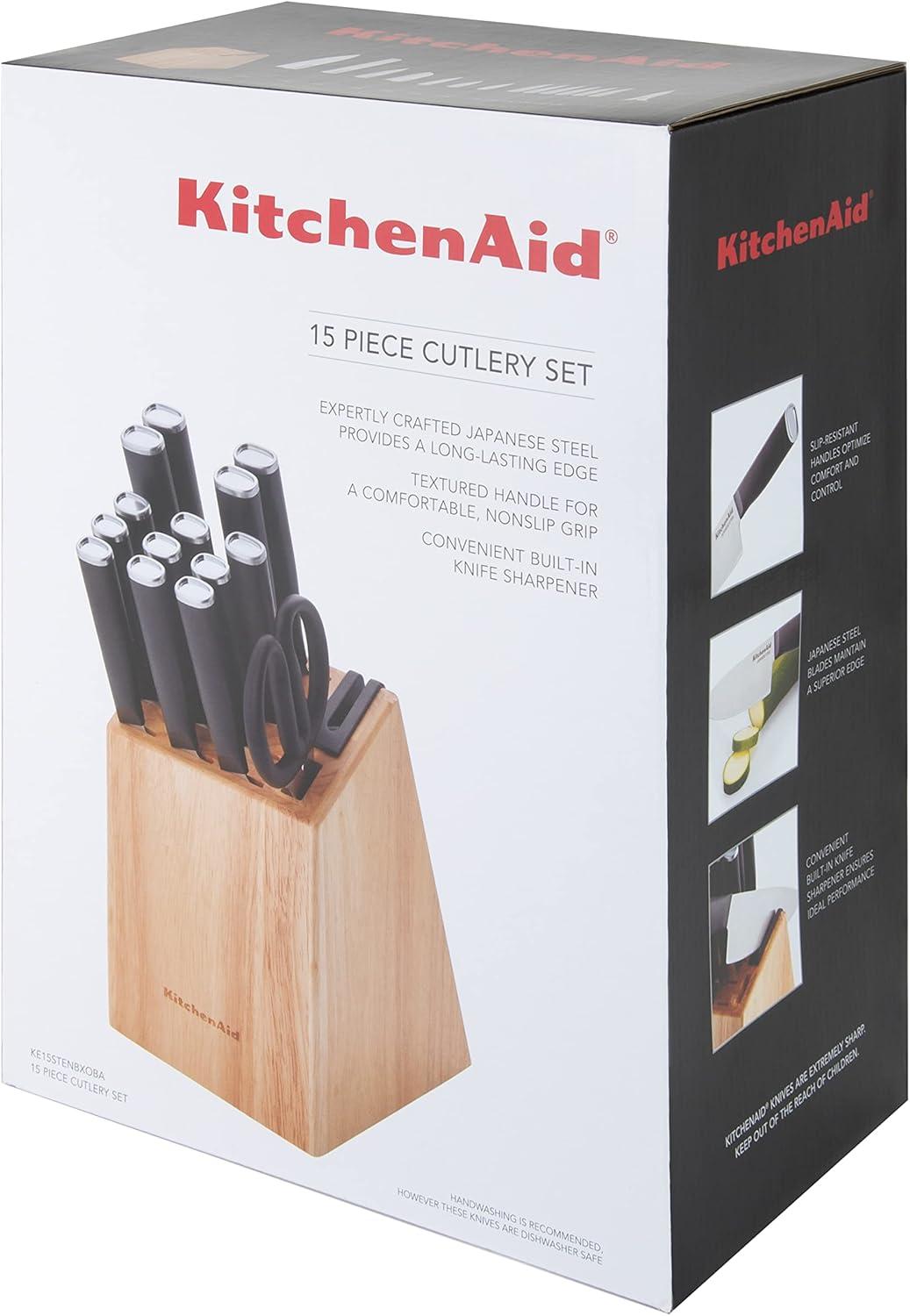 imageKitchenAid Classic Chef Knife with CustomFit Blade Cover 8inch Sharp Kitchen Knife HighCarbon Japanese Stainless Steel Blade Blade Black15Piece