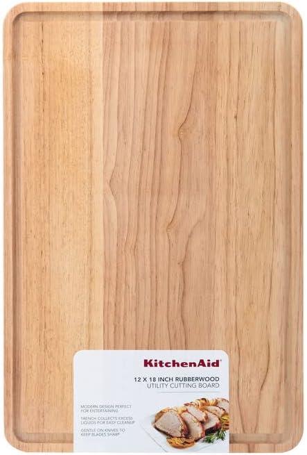 imageKitchenAid Classic Rubberwood Cutting Board with Perimeter Trench Reversible Chopping Board 8inch x 10Inch Natural181L x 12W