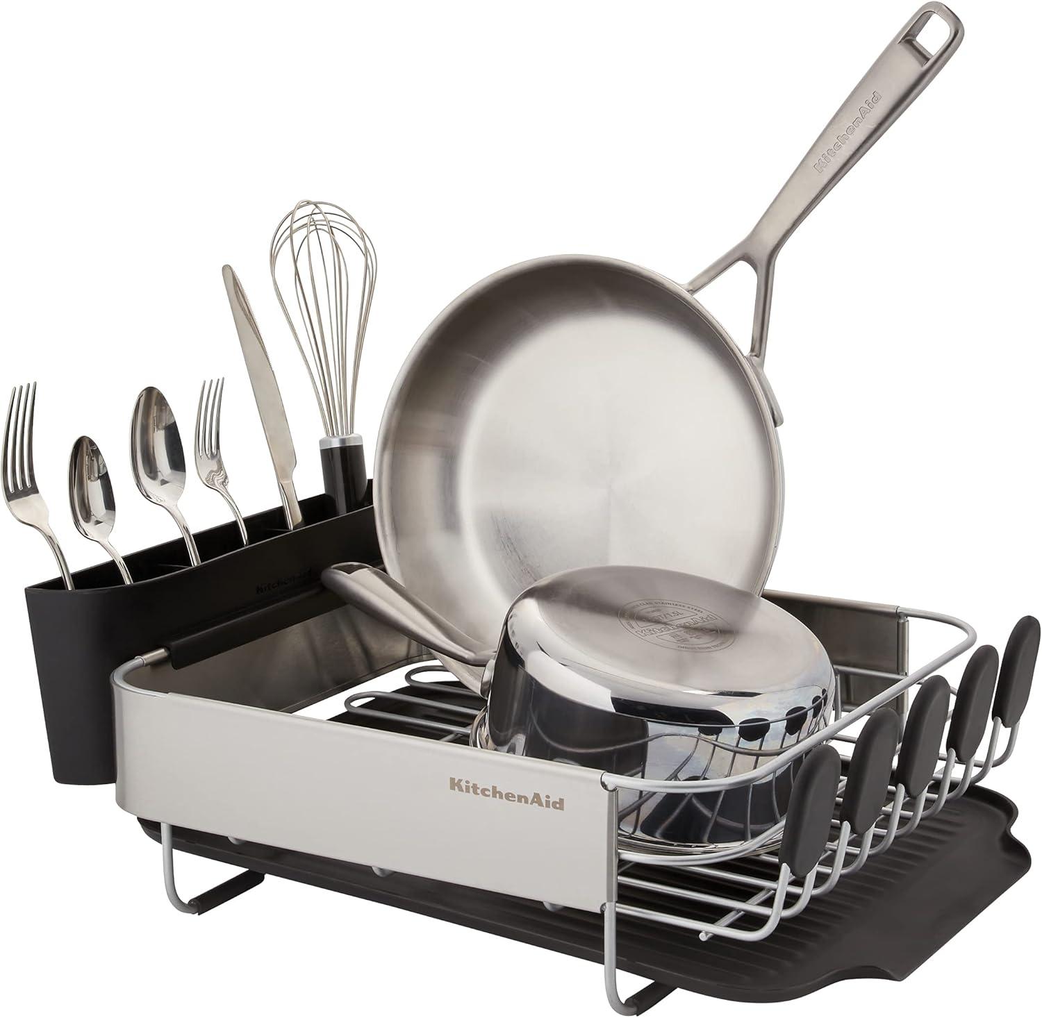 imageKitchenAid Compact Space Saving Rust Resistant Dish Rack with Angled Self Draining Drain Board and Removable Flatware Caddy 1606Inch GrayBlack