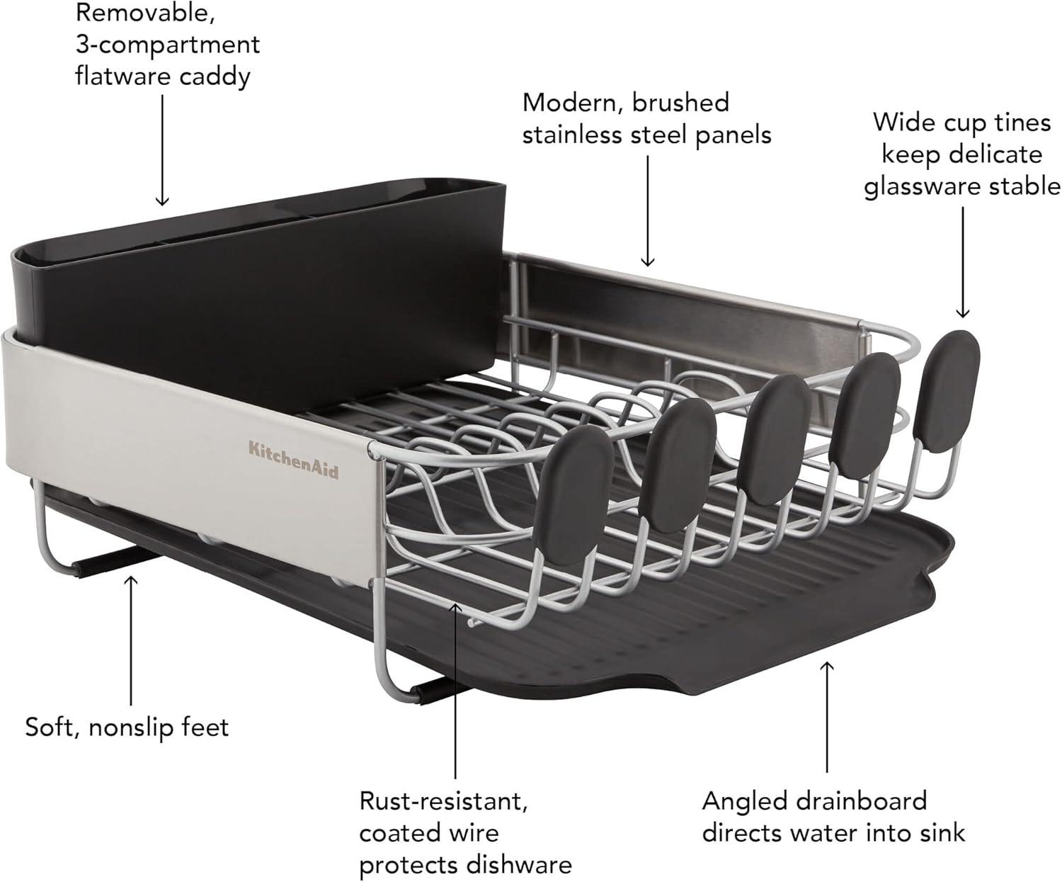 imageKitchenAid Compact Space Saving Rust Resistant Dish Rack with Angled Self Draining Drain Board and Removable Flatware Caddy 1606Inch GrayBlack