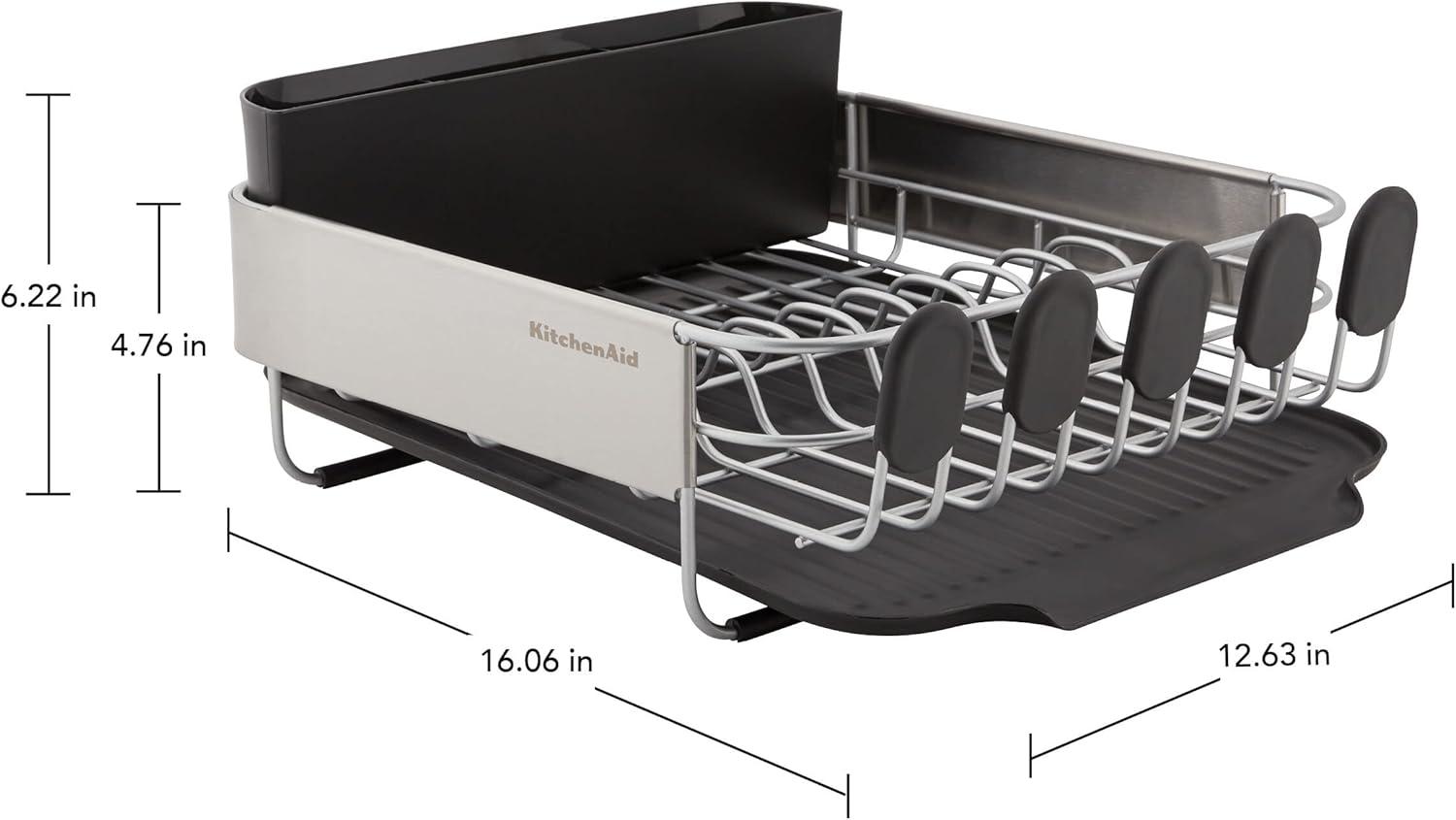 imageKitchenAid Compact Space Saving Rust Resistant Dish Rack with Angled Self Draining Drain Board and Removable Flatware Caddy 1606Inch GrayBlack
