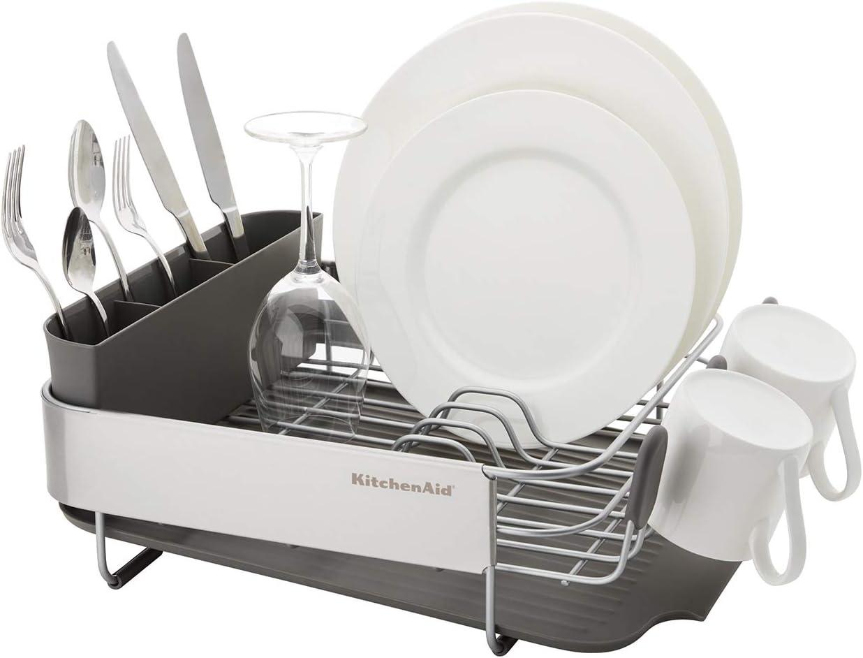 imageKitchenAid Compact Space Saving Rust Resistant Dish Rack with Angled Self Draining Drain Board and Removable Flatware Caddy 1606Inch GrayGray
