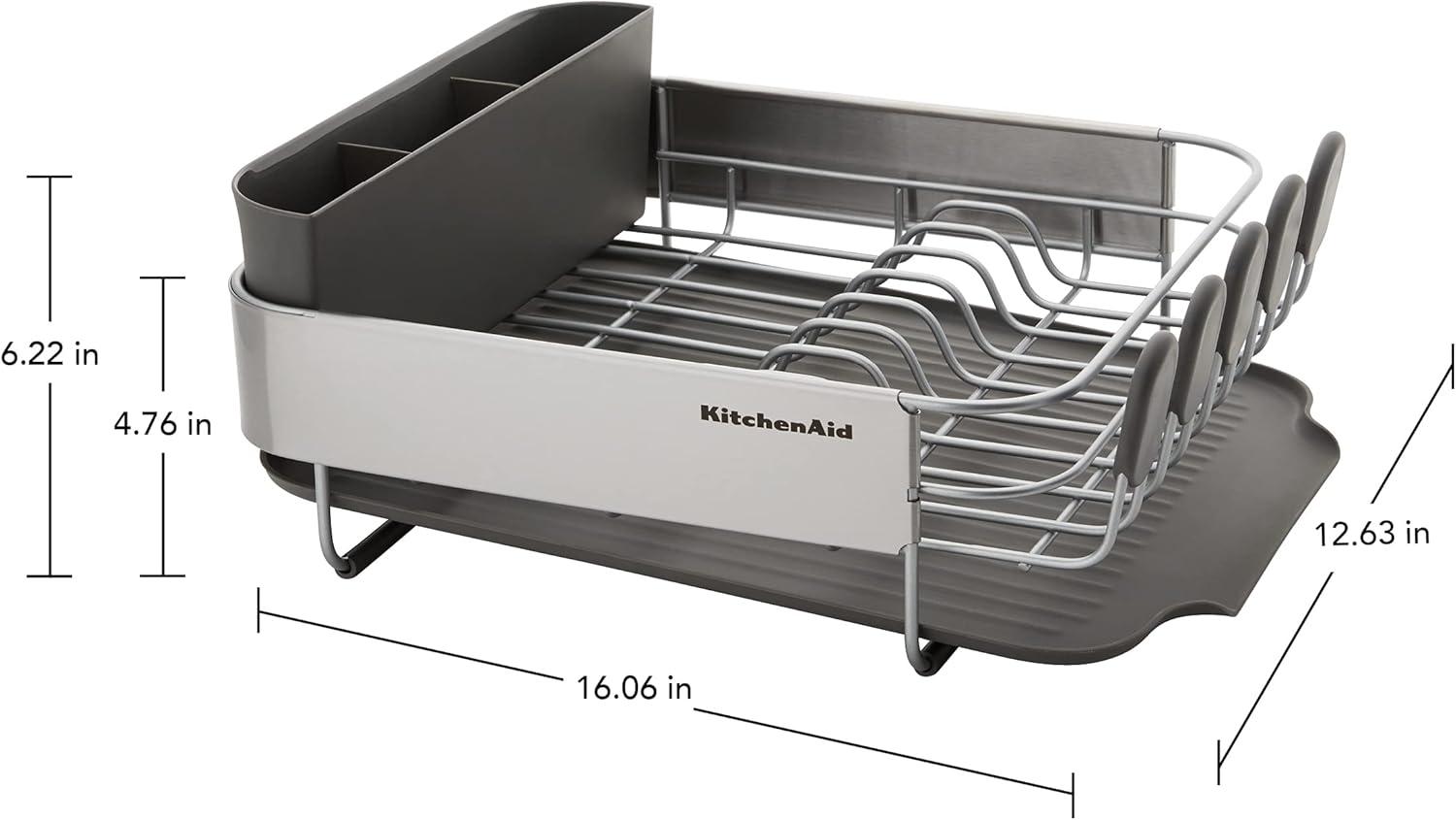 imageKitchenAid Compact Space Saving Rust Resistant Dish Rack with Angled Self Draining Drain Board and Removable Flatware Caddy 1606Inch GrayGray