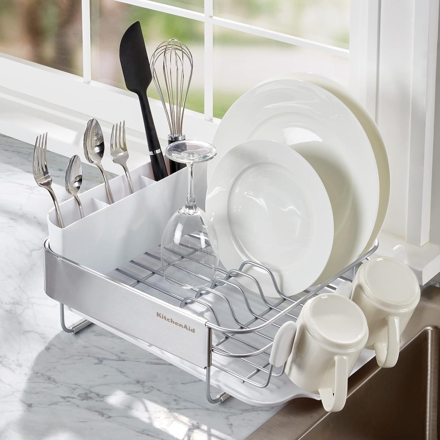 imageKitchenAid Compact Space Saving Rust Resistant Dish Rack with Angled Self Draining Drain Board and Removable Flatware Caddy 1606Inch GrayWhite