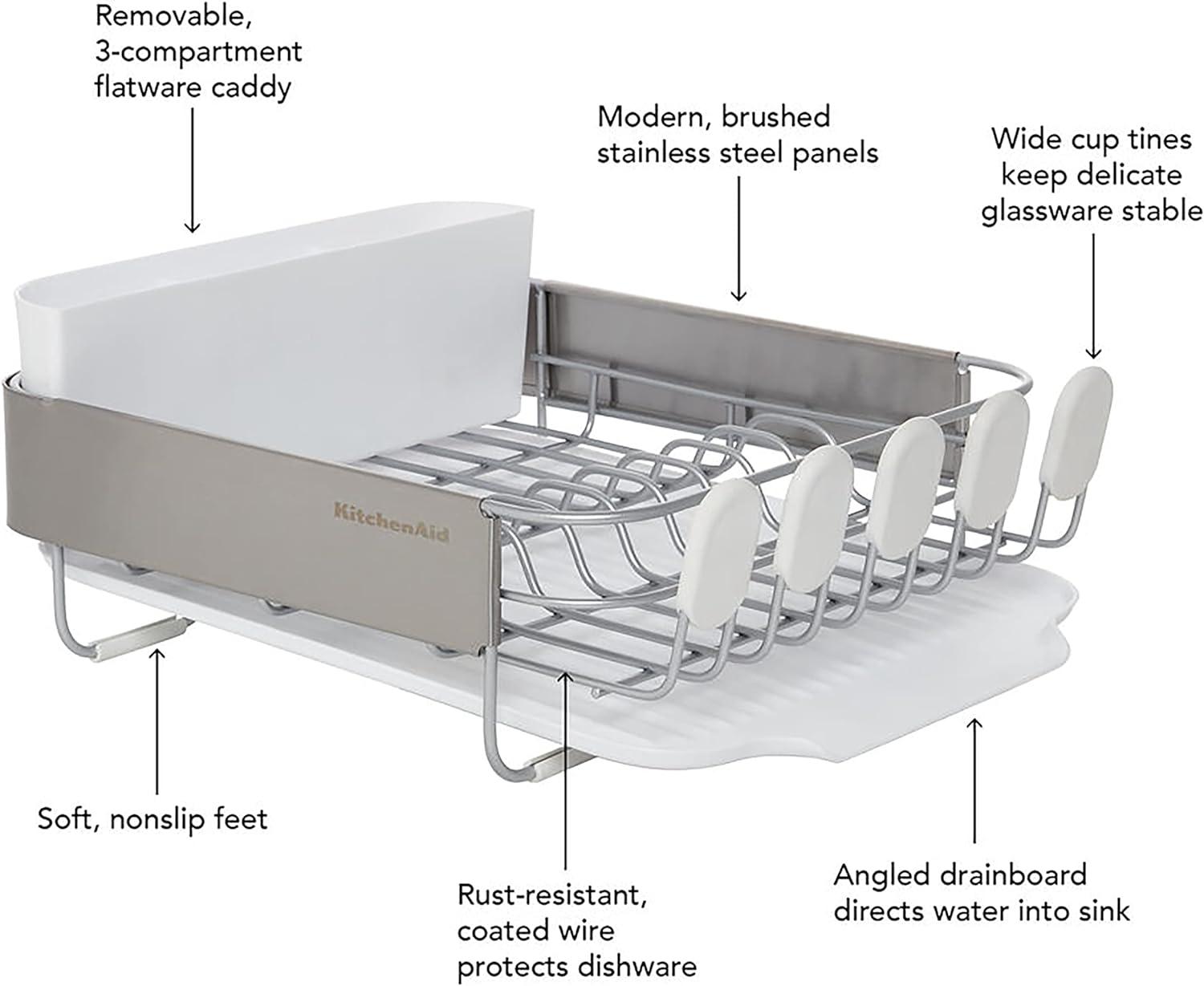 imageKitchenAid Compact Space Saving Rust Resistant Dish Rack with Angled Self Draining Drain Board and Removable Flatware Caddy 1606Inch GrayWhite