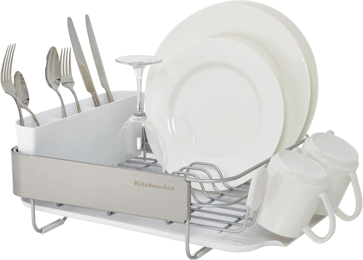 imageKitchenAid Compact Space Saving Rust Resistant Dish Rack with Angled Self Draining Drain Board and Removable Flatware Caddy 1606Inch GrayWhite