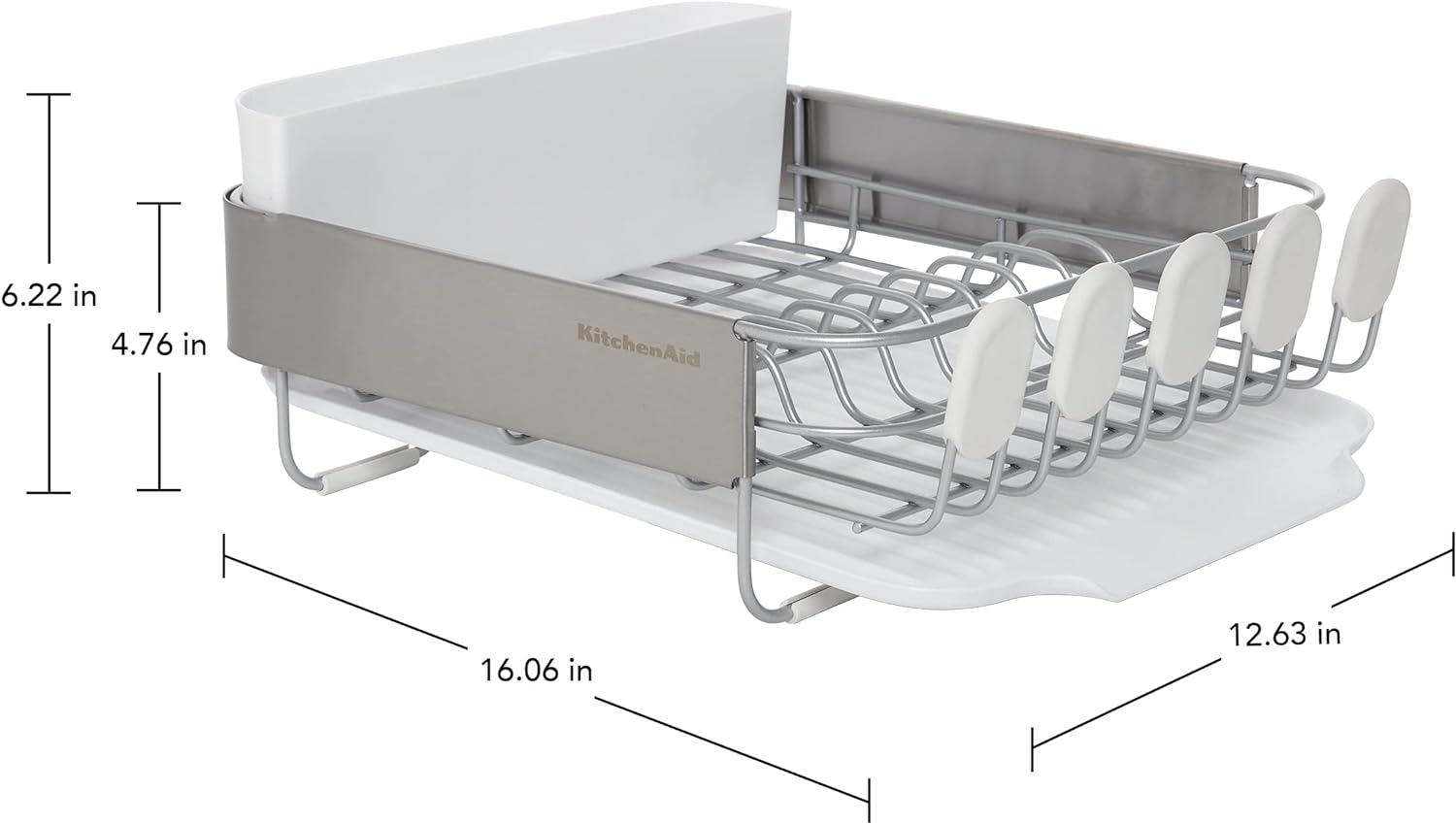 imageKitchenAid Compact Space Saving Rust Resistant Dish Rack with Angled Self Draining Drain Board and Removable Flatware Caddy 1606Inch GrayWhite