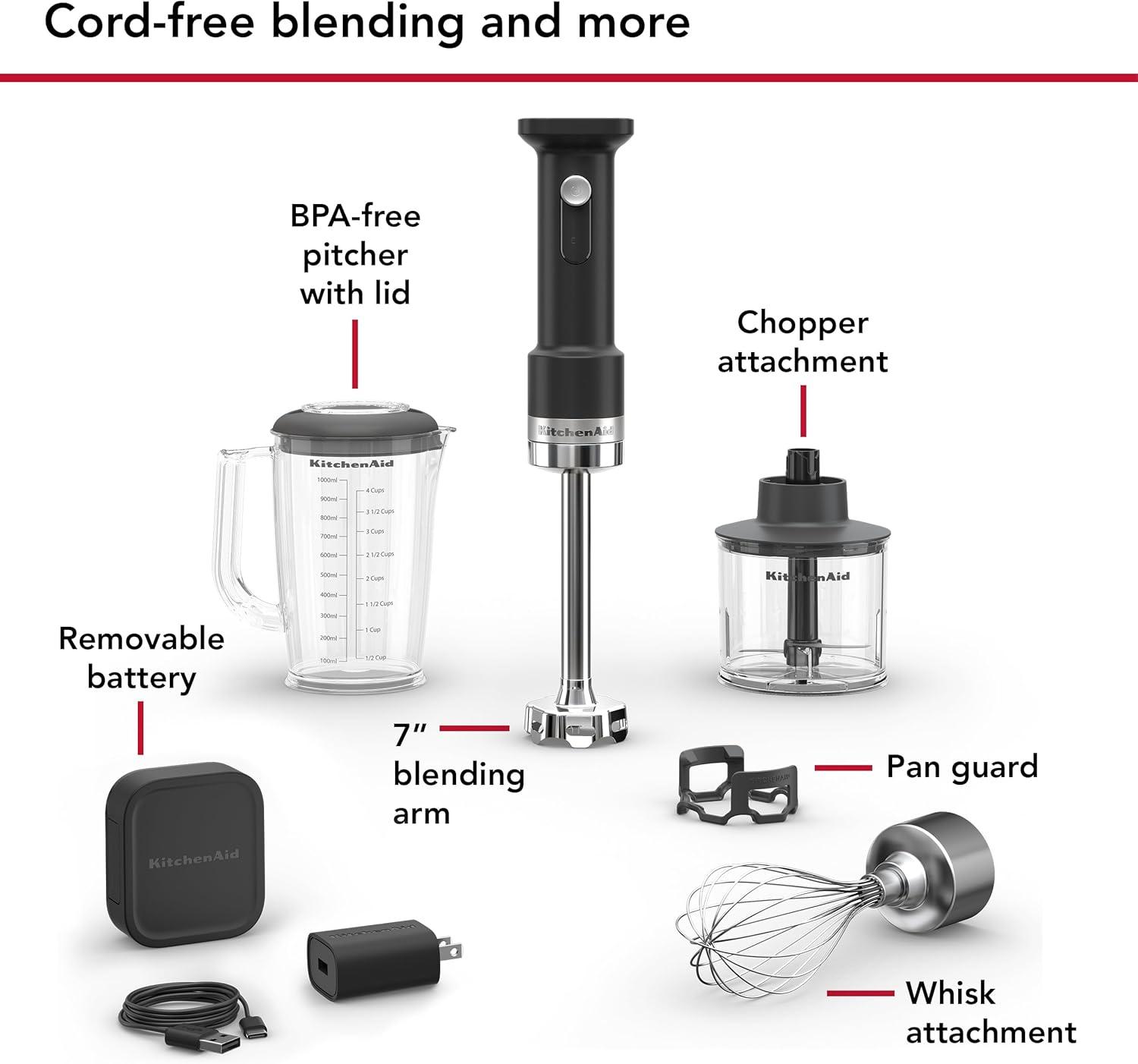 imageKitchenAid Go Cordless Hand Blender with Accessories battery included KHBRV75 Porcelain WhiteMatte Black