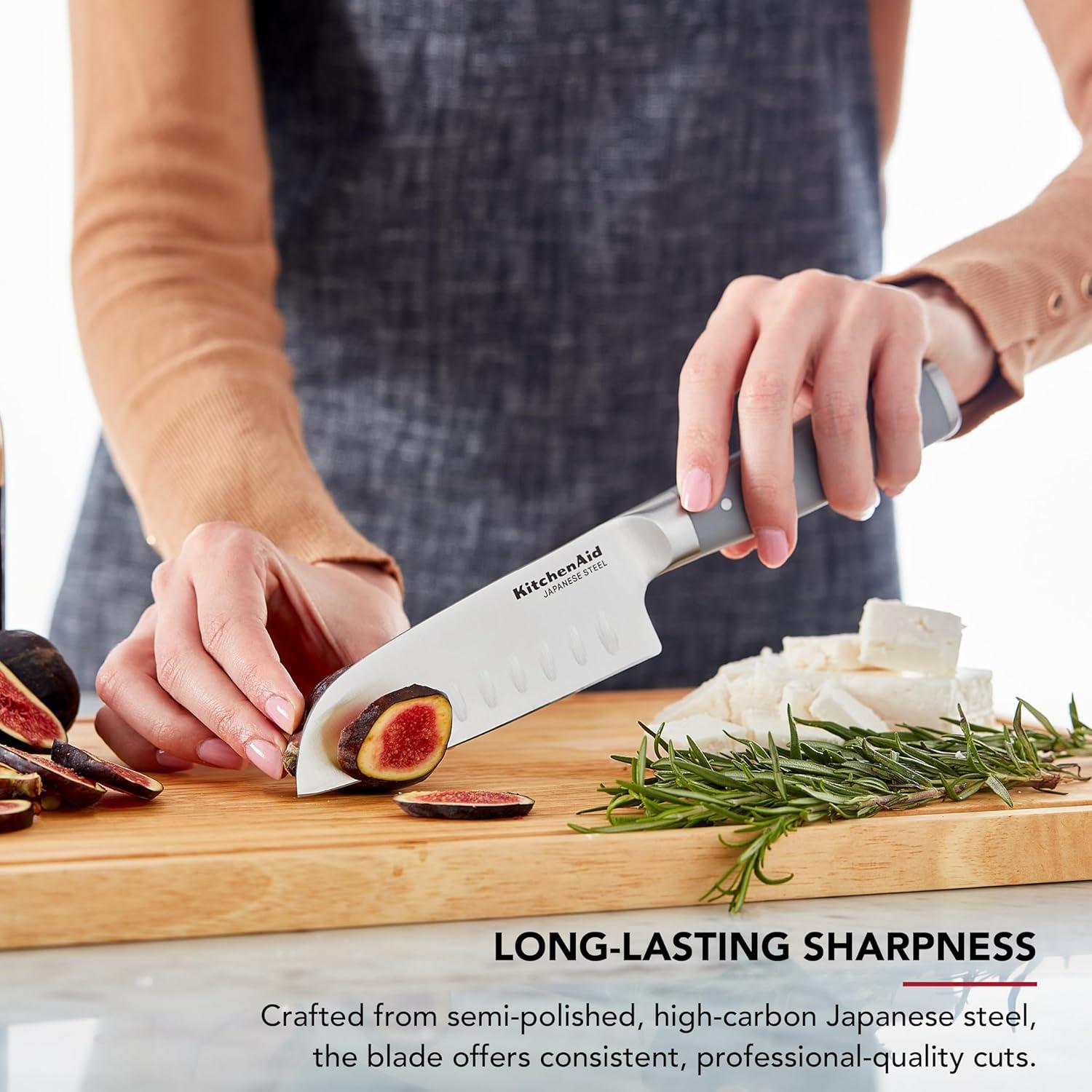 imageKitchenAid Gourmet Forged Santoku Knife with CustomFit Blade Cover Sharp Kitchen Knife HighCarbon Japanese Stainless Steel Blade 5 Inch GrayGray