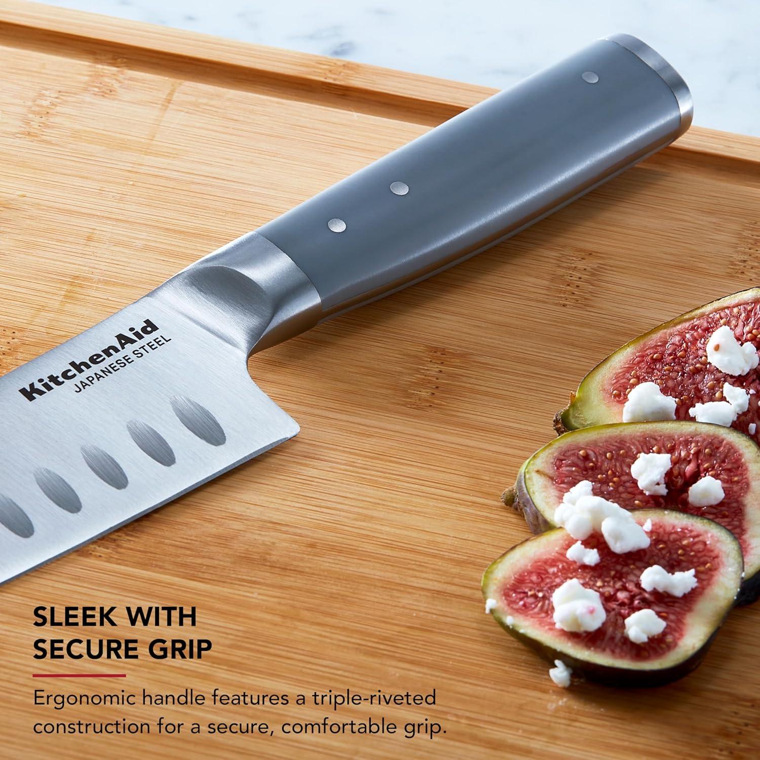 imageKitchenAid Gourmet Forged Santoku Knife with CustomFit Blade Cover Sharp Kitchen Knife HighCarbon Japanese Stainless Steel Blade 5 Inch GrayGray