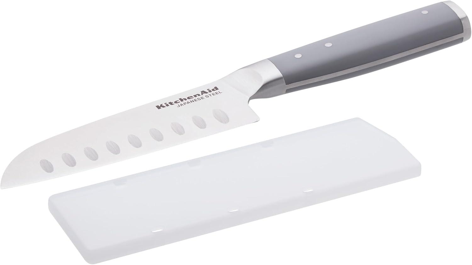 imageKitchenAid Gourmet Forged Santoku Knife with CustomFit Blade Cover Sharp Kitchen Knife HighCarbon Japanese Stainless Steel Blade 5 Inch GrayGray