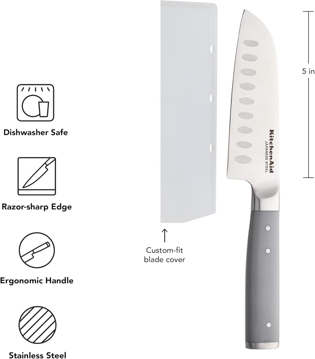 imageKitchenAid Gourmet Forged Santoku Knife with CustomFit Blade Cover Sharp Kitchen Knife HighCarbon Japanese Stainless Steel Blade 5 Inch GrayGray
