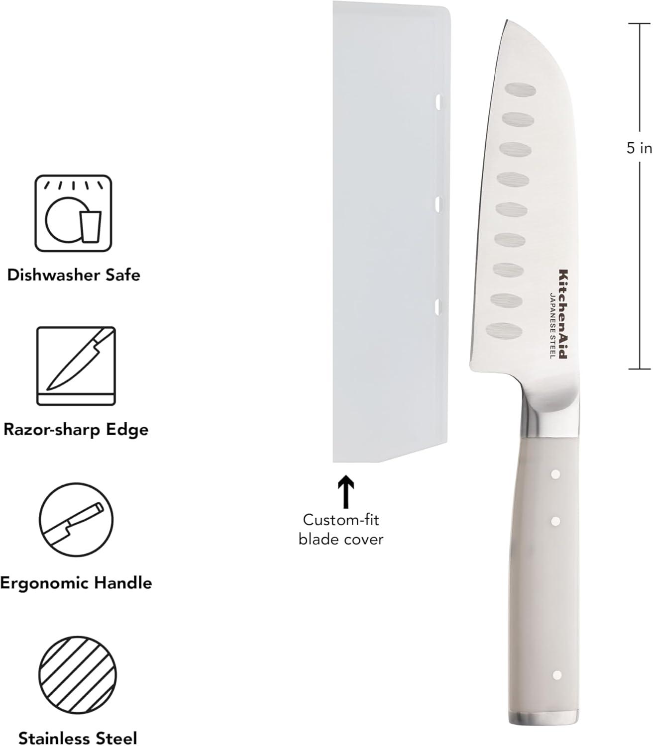 imageKitchenAid Gourmet Forged Santoku Knife with CustomFit Blade Cover Sharp Kitchen Knife HighCarbon Japanese Stainless Steel Blade 5 inch Milkshake