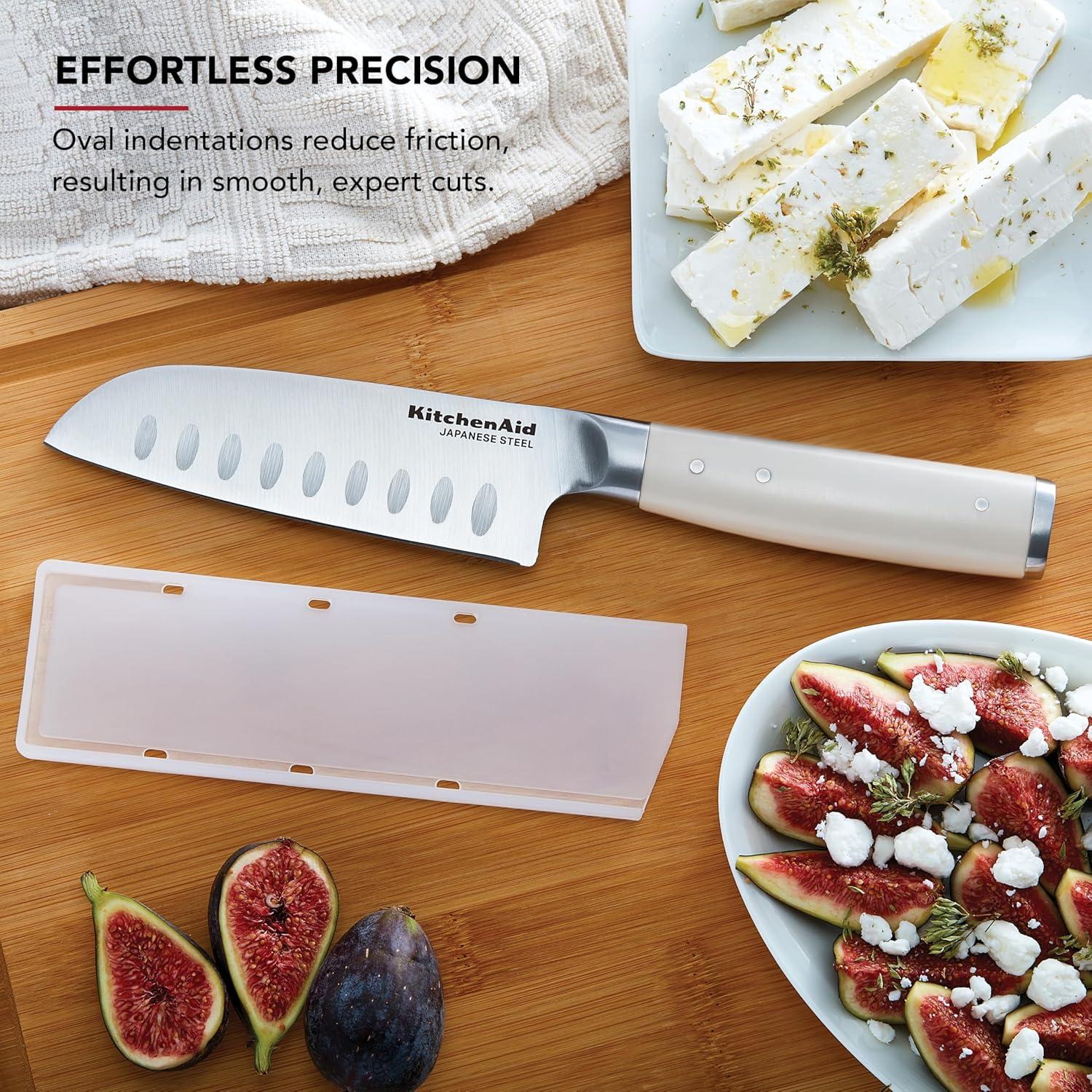 imageKitchenAid Gourmet Forged Santoku Knife with CustomFit Blade Cover Sharp Kitchen Knife HighCarbon Japanese Stainless Steel Blade 5 inch Milkshake