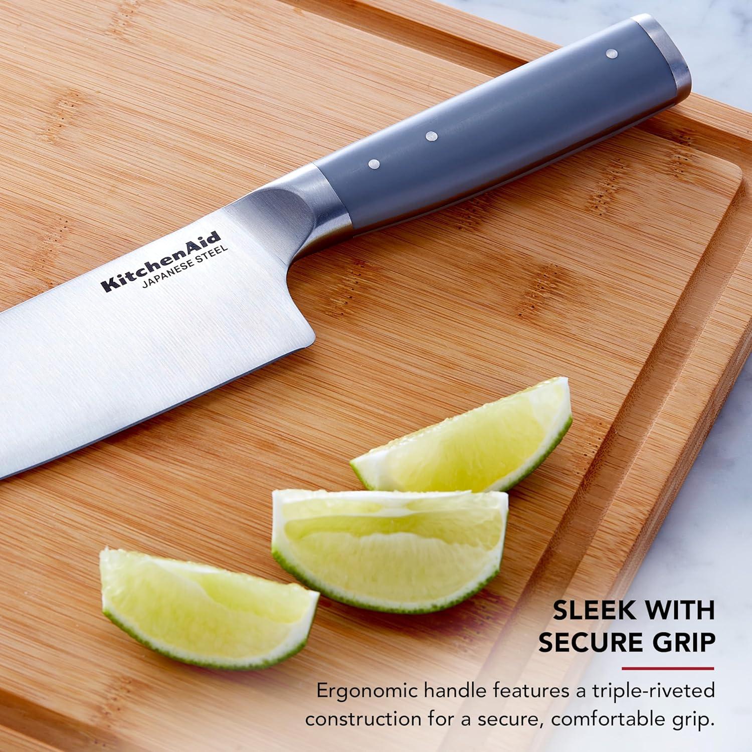 imageKitchenAid Gourmet Forged Santoku Knife with CustomFit Blade Cover Sharp Kitchen Knife HighCarbon Japanese Stainless Steel Blade 7 Inch GrayGray