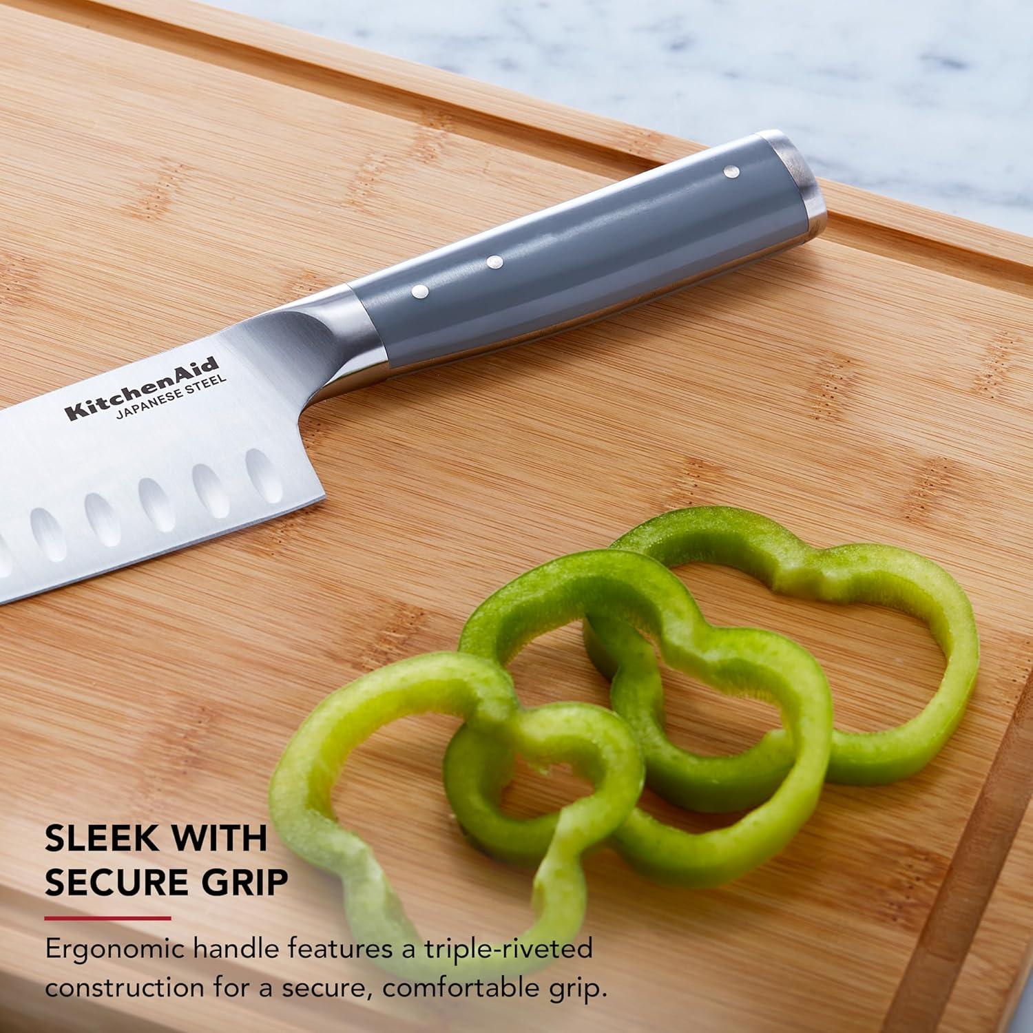 imageKitchenAid Gourmet Forged Santoku Knife with CustomFit Blade Cover Sharp Kitchen Knife HighCarbon Japanese Stainless Steel Blade 7 Inch GrayGray