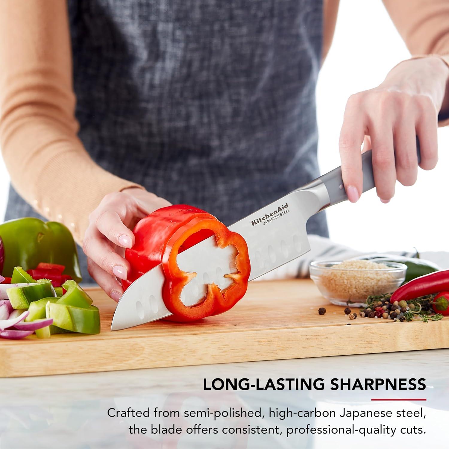 imageKitchenAid Gourmet Forged Santoku Knife with CustomFit Blade Cover Sharp Kitchen Knife HighCarbon Japanese Stainless Steel Blade 7 Inch GrayGray