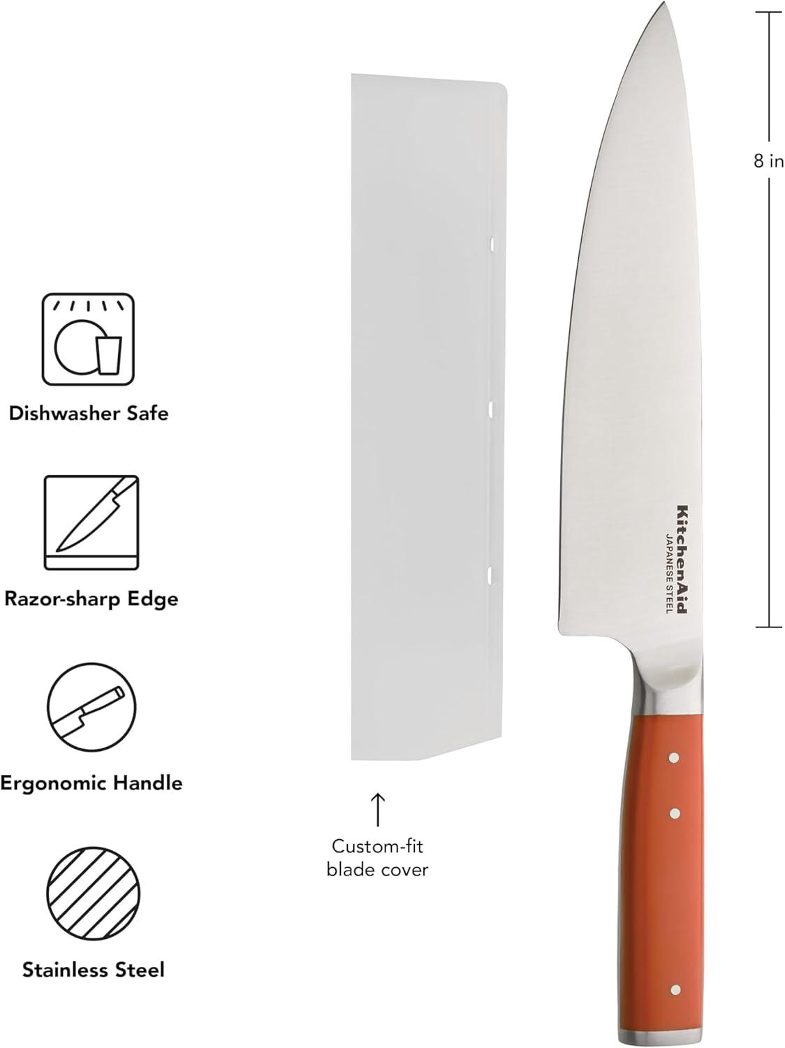 imageKitchenAid Gourmet Forged Santoku Knife with CustomFit Blade Cover Sharp Kitchen Knife HighCarbon Japanese Stainless Steel Blade 7 Inch GrayOrange