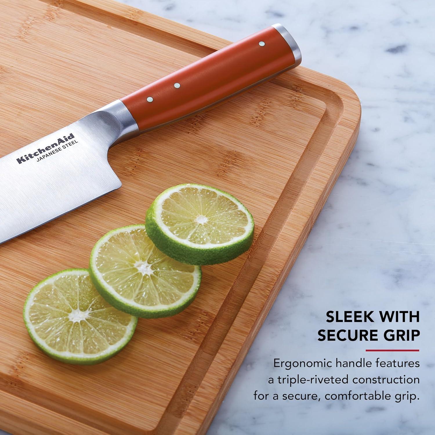 imageKitchenAid Gourmet Forged Santoku Knife with CustomFit Blade Cover Sharp Kitchen Knife HighCarbon Japanese Stainless Steel Blade 7 Inch GrayOrange