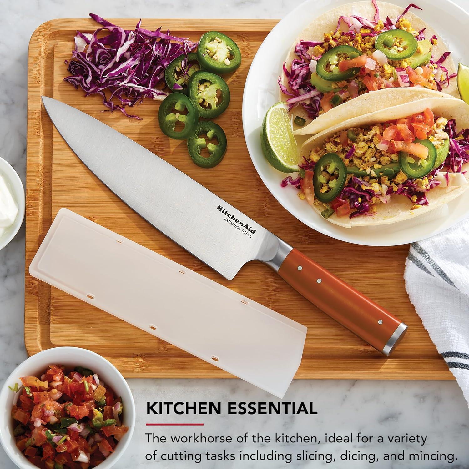 imageKitchenAid Gourmet Forged Santoku Knife with CustomFit Blade Cover Sharp Kitchen Knife HighCarbon Japanese Stainless Steel Blade 7 Inch GrayOrange