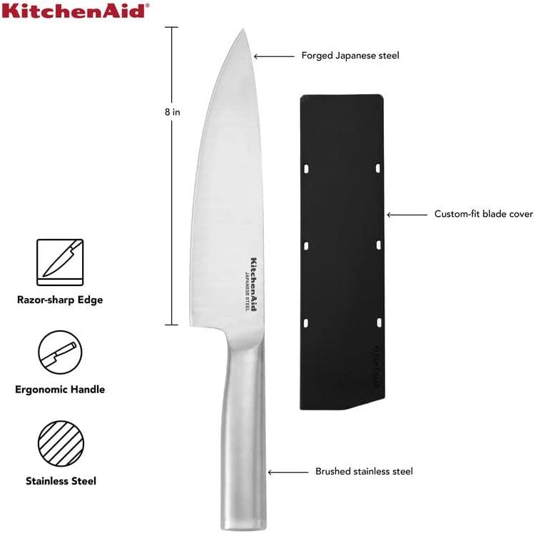 imageKitchenAid Gourmet Forged Stainless Steel Chef Knife with CustomFit Blade Cover Sharp Kitchen Knife HighCarbon Japanese Stainless Steel Blade 8 Inch Brushed Stainless Steel Handle