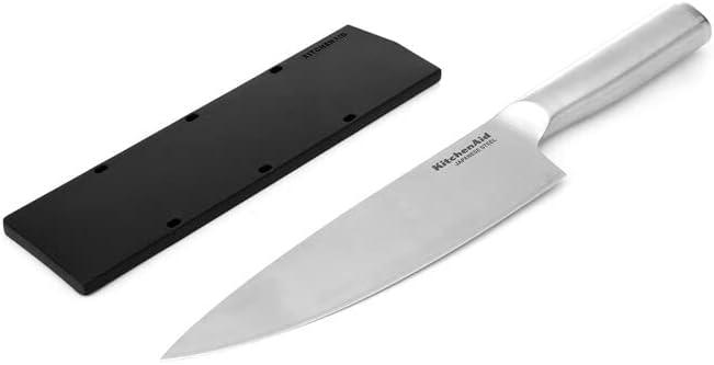 imageKitchenAid Gourmet Forged Stainless Steel Chef Knife with CustomFit Blade Cover Sharp Kitchen Knife HighCarbon Japanese Stainless Steel Blade 8 Inch Brushed Stainless Steel Handle