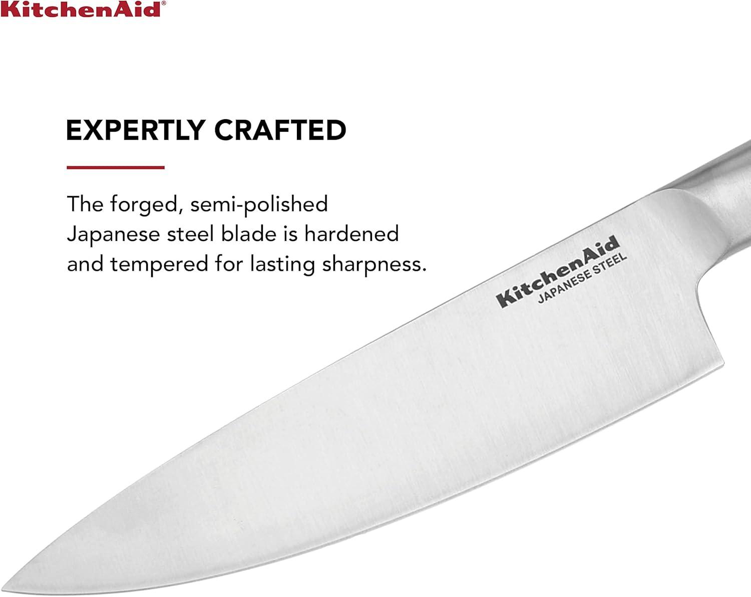 imageKitchenAid Gourmet Forged Stainless Steel Chef Knife with CustomFit Blade Cover Sharp Kitchen Knife HighCarbon Japanese Stainless Steel Blade 8 Inch Brushed Stainless Steel Handle