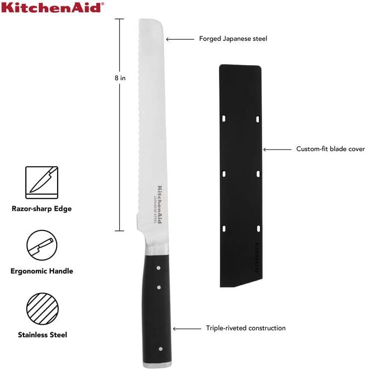 imageKitchenAid Gourmet Forged Triple Rivet Bread Knife with CustomFit Blade Cover 5inch Sharp Kitchen Knife HighCarbon Japanese Stainless Steel Blade Black5