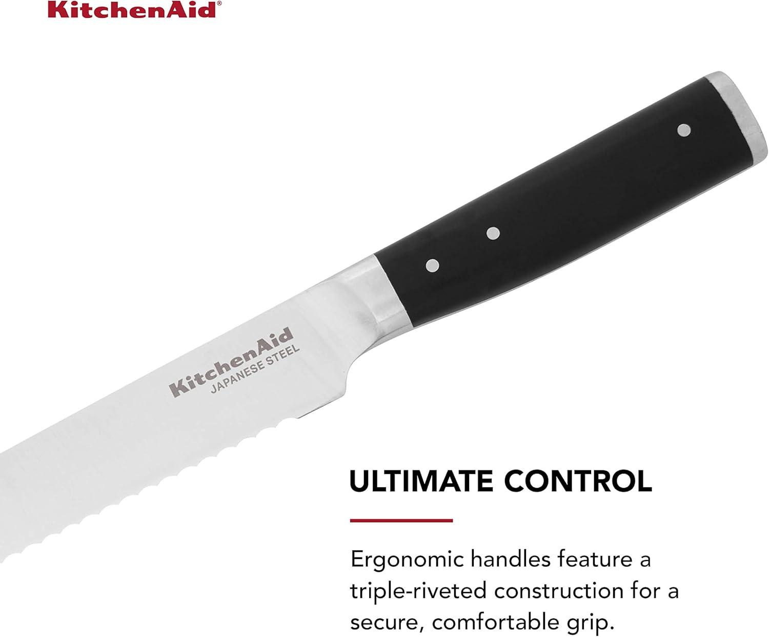 imageKitchenAid Gourmet Forged Triple Rivet Bread Knife with CustomFit Blade Cover 5inch Sharp Kitchen Knife HighCarbon Japanese Stainless Steel Blade Black5