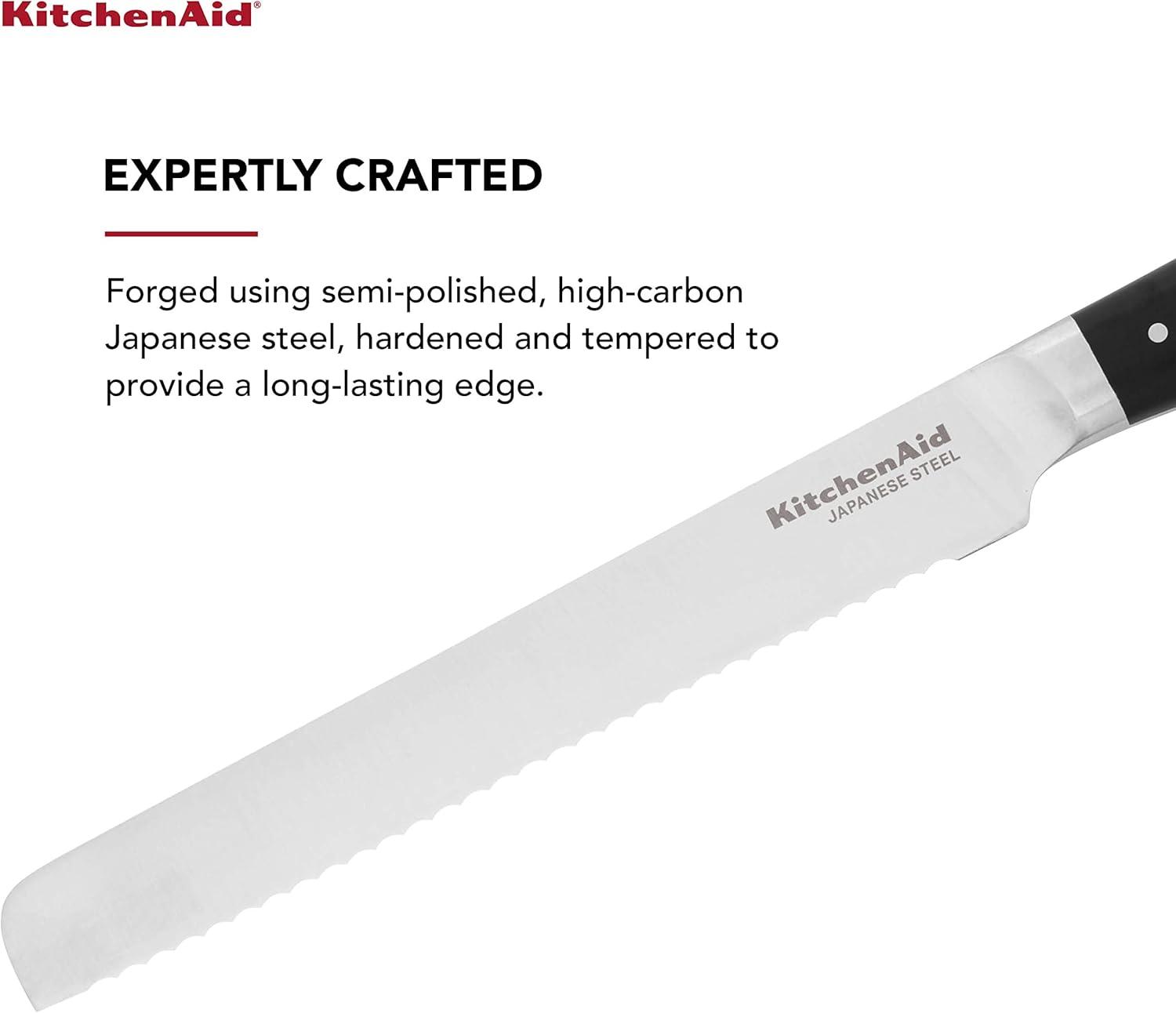 imageKitchenAid Gourmet Forged Triple Rivet Bread Knife with CustomFit Blade Cover 5inch Sharp Kitchen Knife HighCarbon Japanese Stainless Steel Blade Black5