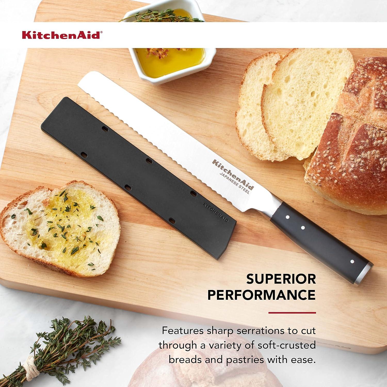 imageKitchenAid Gourmet Forged Triple Rivet Bread Knife with CustomFit Blade Cover 5inch Sharp Kitchen Knife HighCarbon Japanese Stainless Steel Blade Black5