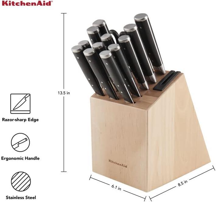 imageKitchenAid Gourmet Forged Triple Rivet Knife Block Set with Builtin Knife Sharpener High Carbon Japanese Stainless Steel Kitchen Knives Sharp Kitchen Knife Set with Block Birchwood 14PieceBlack