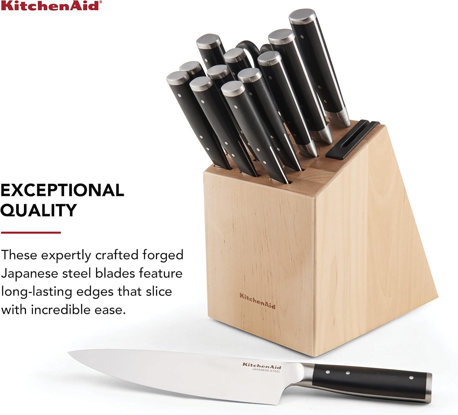 imageKitchenAid Gourmet Forged Triple Rivet Knife Block Set with Builtin Knife Sharpener High Carbon Japanese Stainless Steel Kitchen Knives Sharp Kitchen Knife Set with Block Birchwood 14PieceBlack