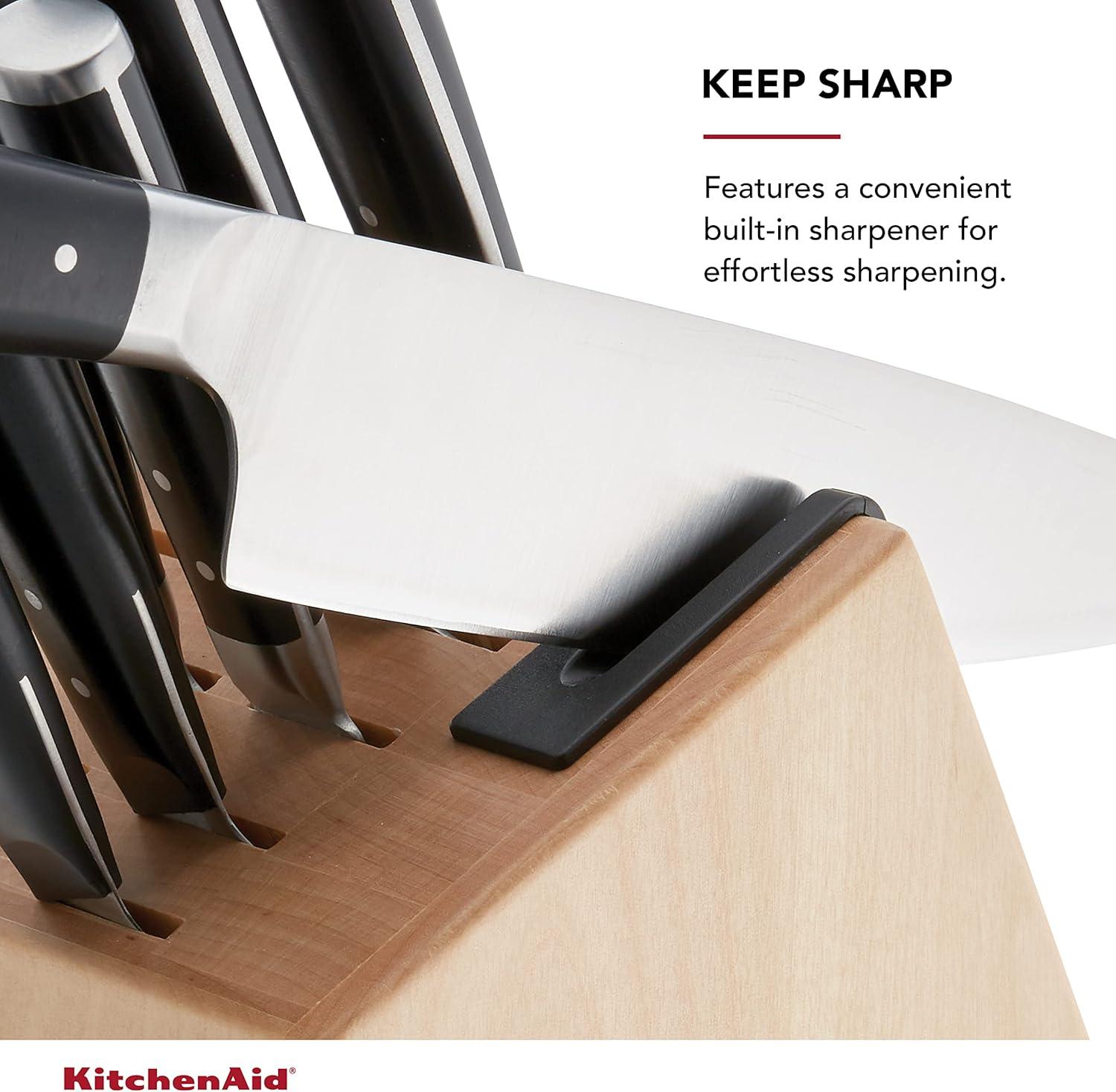 imageKitchenAid Gourmet Forged Triple Rivet Knife Block Set with Builtin Knife Sharpener High Carbon Japanese Stainless Steel Kitchen Knives Sharp Kitchen Knife Set with Block Birchwood 14PieceBlack