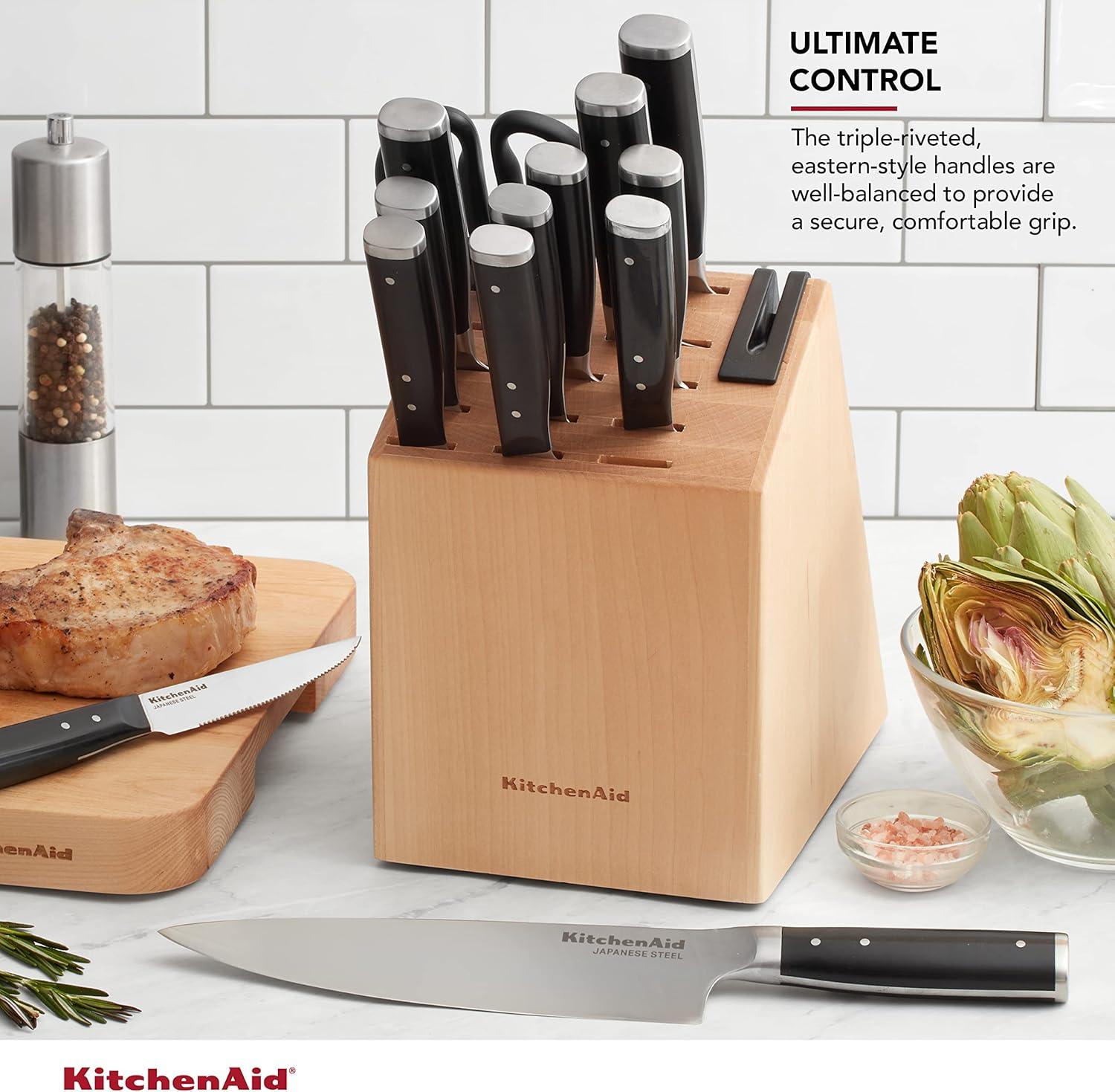 imageKitchenAid Gourmet Forged Triple Rivet Knife Block Set with Builtin Knife Sharpener High Carbon Japanese Stainless Steel Kitchen Knives Sharp Kitchen Knife Set with Block Birchwood 14PieceBlack