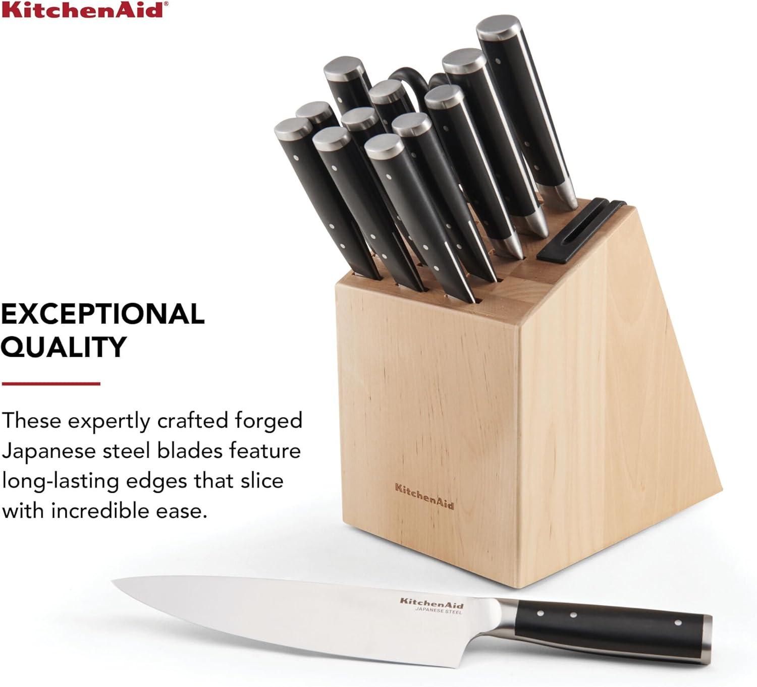 imageKitchenAid Gourmet Forged Triple Rivet Knife Block Set with Builtin Knife Sharpener High Carbon Japanese Stainless Steel Kitchen Knives Sharp Kitchen Knife Set with Block Birchwood 14PieceBirchwood
