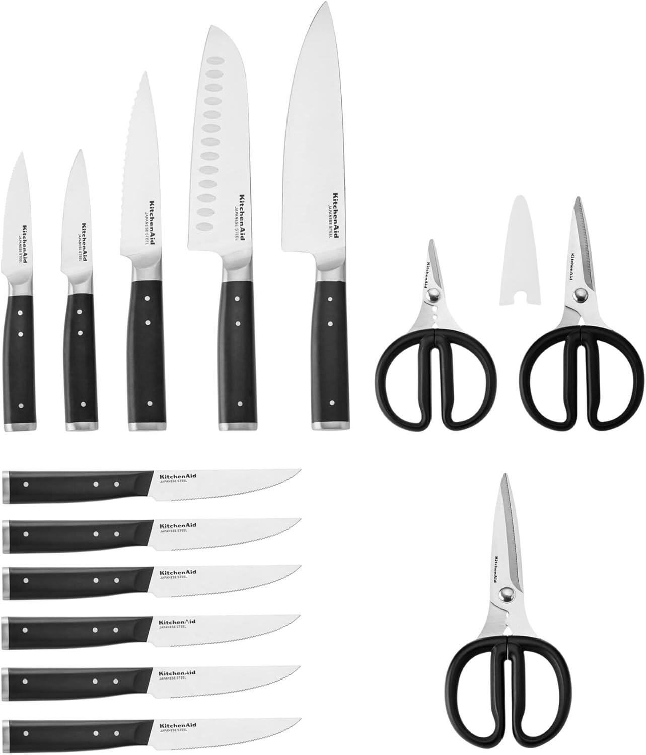 imageKitchenAid Gourmet Forged Triple Rivet Knife Block Set with Builtin Knife Sharpener High Carbon Japanese Stainless Steel Kitchen Knives Sharp Kitchen Knife Set with Block Birchwood 14PieceBirchwood