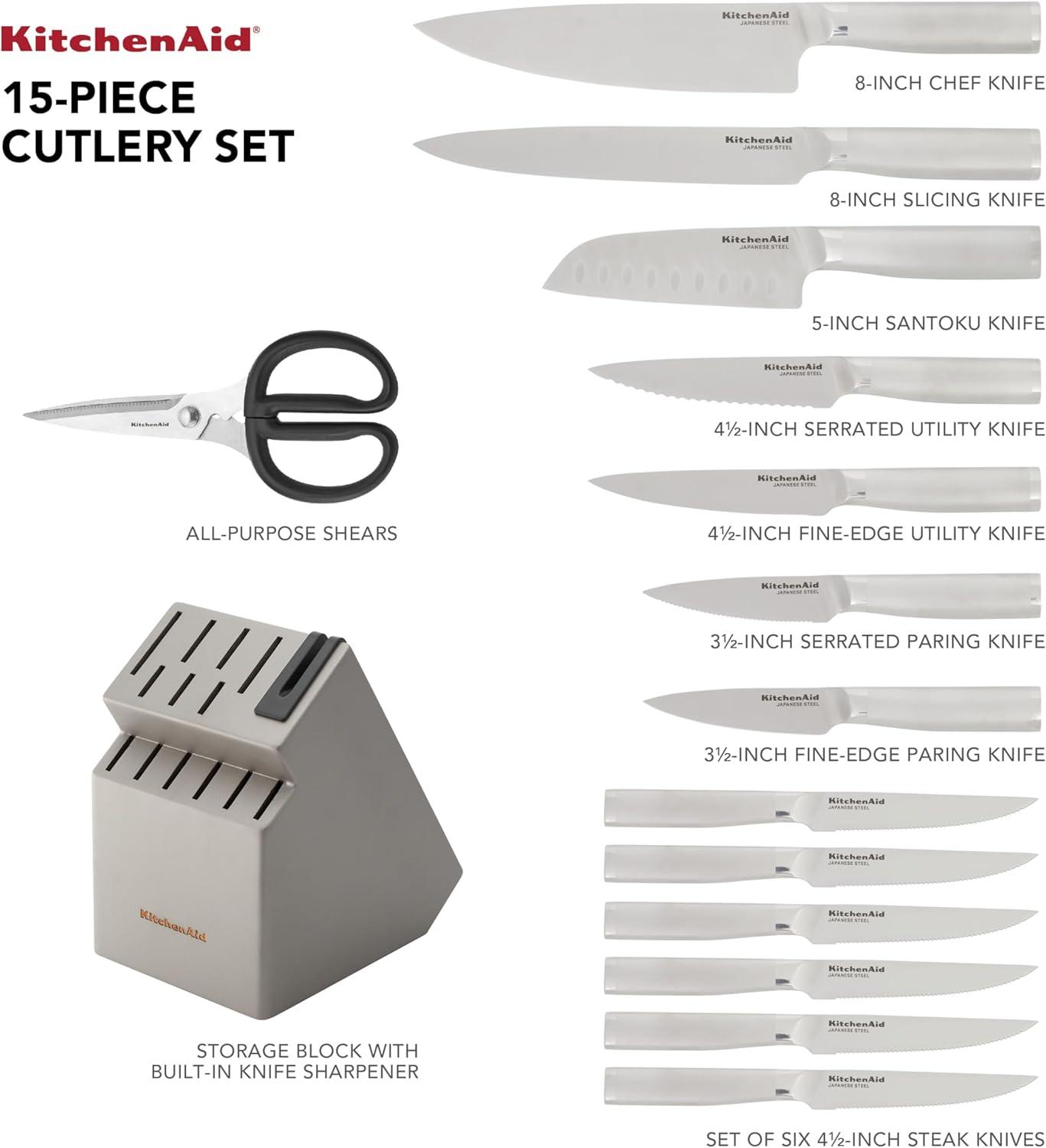 imageKitchenAid Gourmet Knife Block Set with Builtin Sharpener 15Piece Stainless SteelStainless Steel