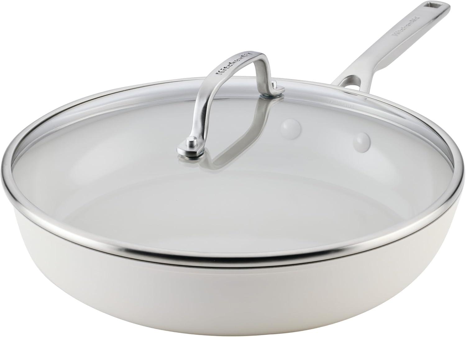 imageKitchenAid Hard Anodized Ceramic Induction Nonstick Cookware Frying PanSkillet with Lid Dishwasher Safe 1225 Inch Non Stick Fry Pan with Stainless Steel Handle PistachioPorcelain