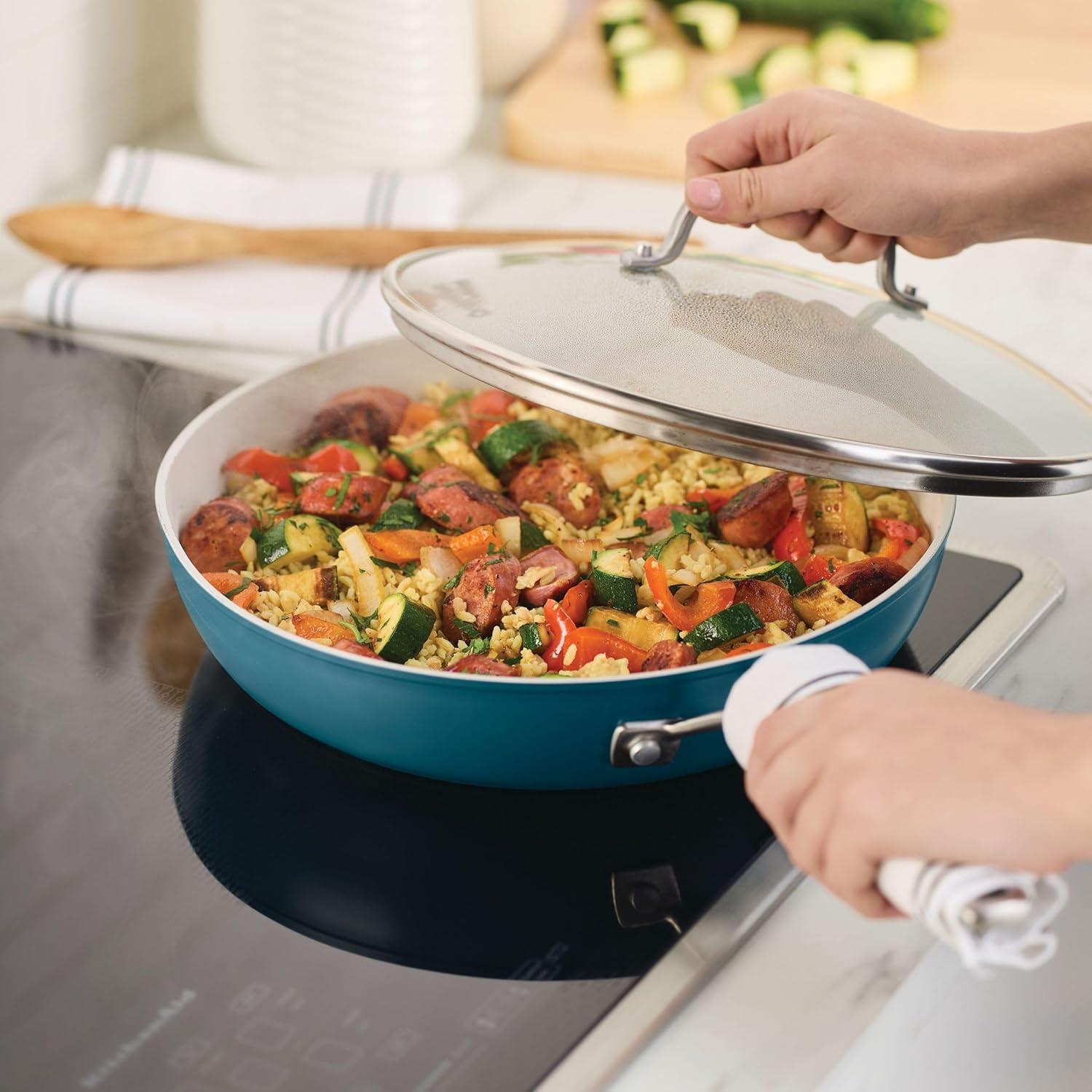 imageKitchenAid Hard Anodized Ceramic Induction Nonstick Cookware Frying PanSkillet with Lid Dishwasher Safe 1225 Inch Non Stick Fry Pan with Stainless Steel Handle PistachioAgave