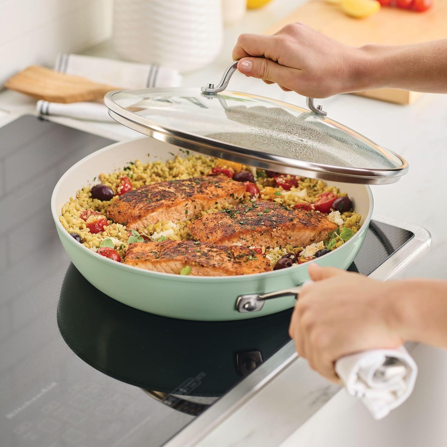 imageKitchenAid Hard Anodized Ceramic Induction Nonstick Cookware Frying PanSkillet with Lid Dishwasher Safe 1225 Inch Non Stick Fry Pan with Stainless Steel Handle PistachioPistachio