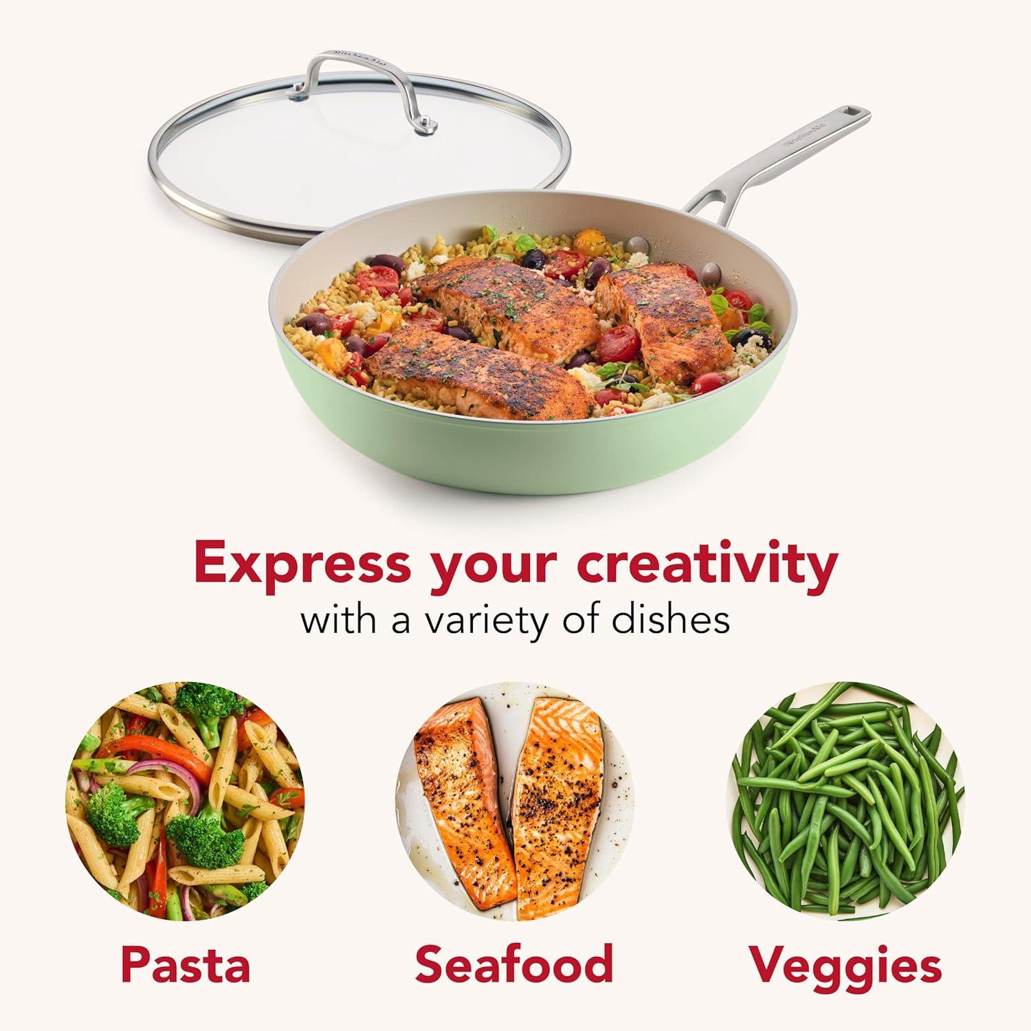 imageKitchenAid Hard Anodized Ceramic Induction Nonstick Cookware Frying PanSkillet with Lid Dishwasher Safe 1225 Inch Non Stick Fry Pan with Stainless Steel Handle PistachioPistachio