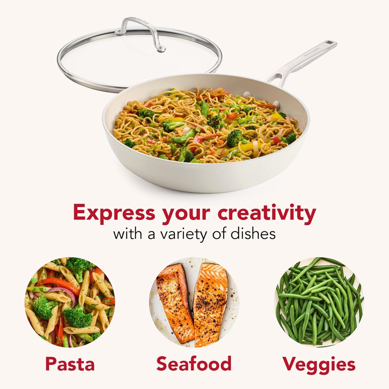 imageKitchenAid Hard Anodized Ceramic Induction Nonstick Cookware Frying PanSkillet with Lid Dishwasher Safe 1225 Inch Non Stick Fry Pan with Stainless Steel Handle PistachioPorcelain