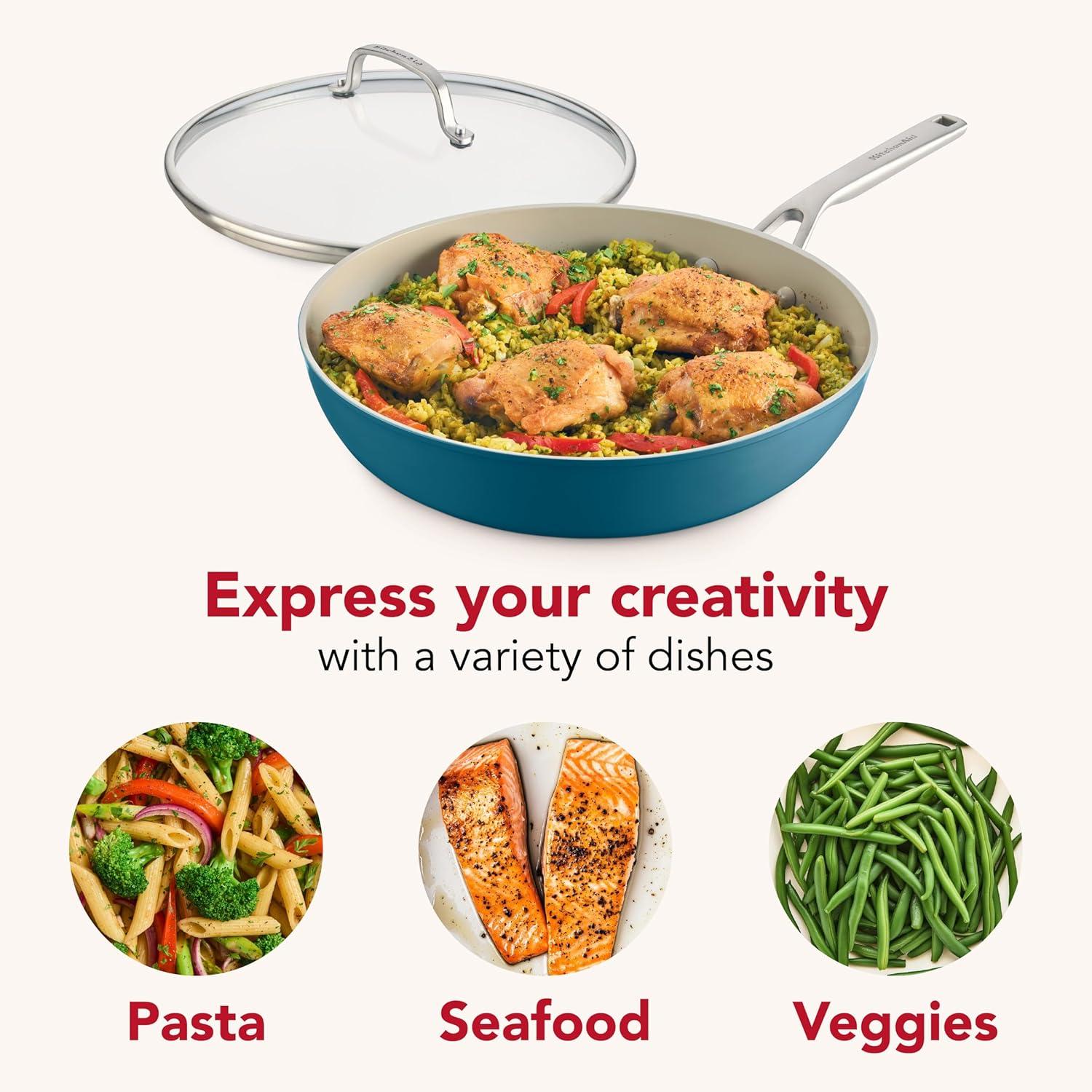 imageKitchenAid Hard Anodized Ceramic Induction Nonstick Cookware Frying PanSkillet with Lid Dishwasher Safe 1225 Inch Non Stick Fry Pan with Stainless Steel Handle PistachioAgave