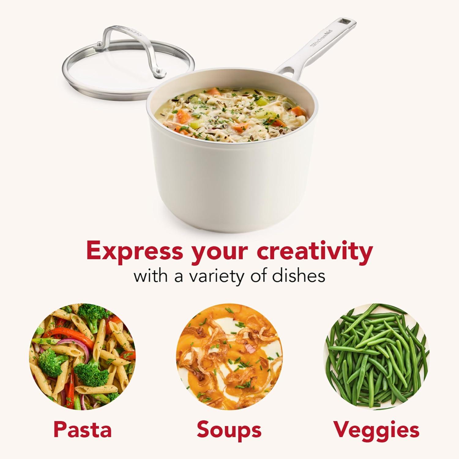 imageKitchenAid Hard Anodized Ceramic Induction Nonstick Cookware Saucepan with Lid Dishwasher Safe 2 Quart Non Stick Sauce Pan with Stainless Steel Handle Agave BluePorcelain